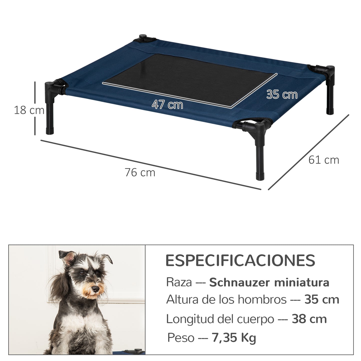 PawHut Cama Elevada para Perros Gatos Portátil Cama para Mascotas con Zona de Malla Transpirable y Tela Oxford para Interior Exterior 76x61x18 cm Azul