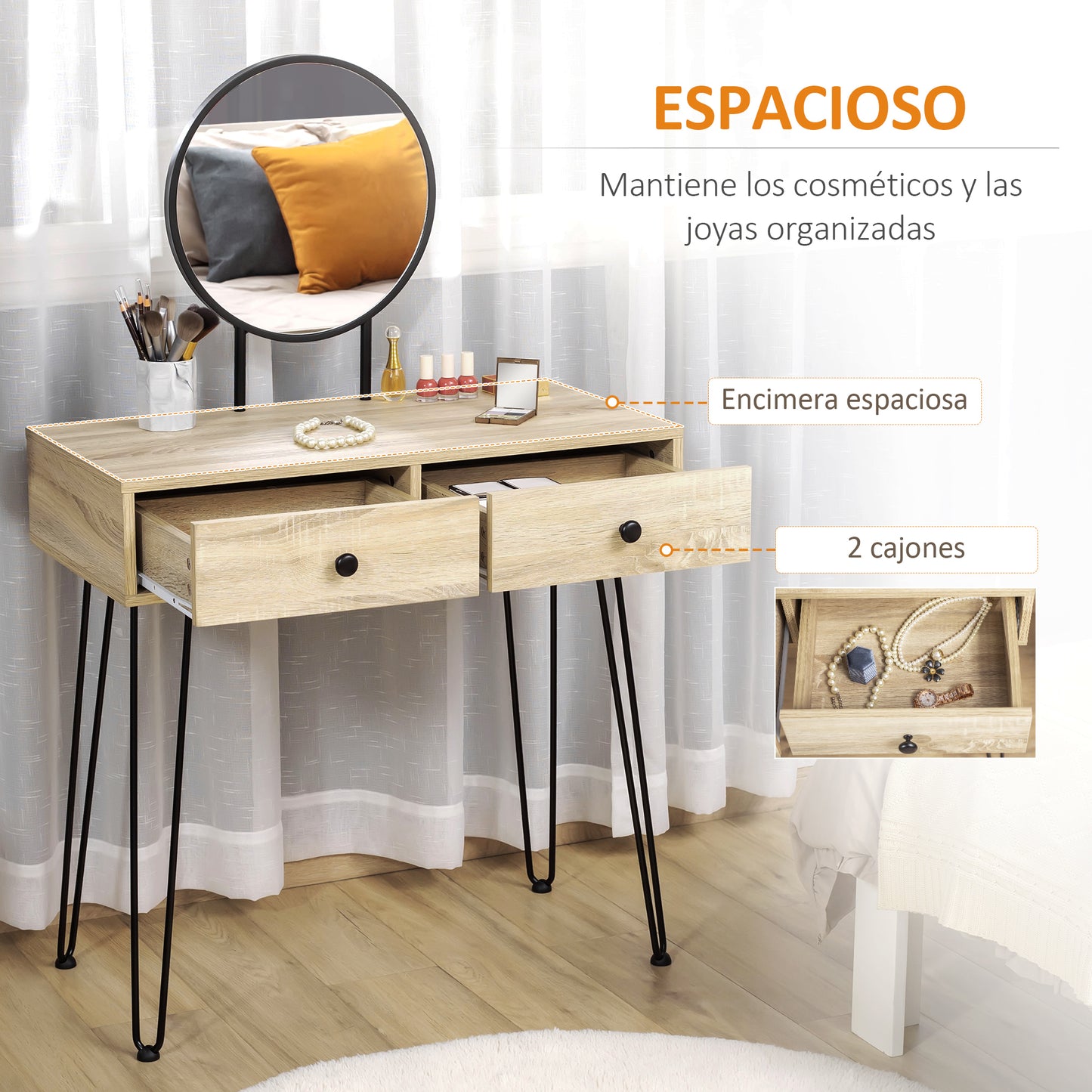 HOMCOM Tocador Mesa de Maquillaje con Espejo Redondo 2 Cajones y Patas de Metal Estilo Moderno para Dormitorio Vestidor 80x40x125 cm Roble