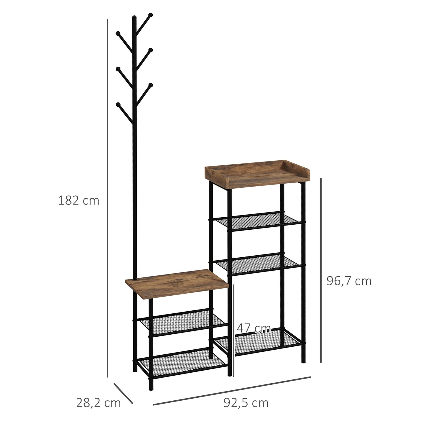 HOMCOM Perchero con Zapatero con 5 Estantes Perchero Zapatero Recibidor con 6 Ganchos para Colgar Bolsos Ropa Estilo Industrial 92,5x28,2x182 cm Marrón Rústico