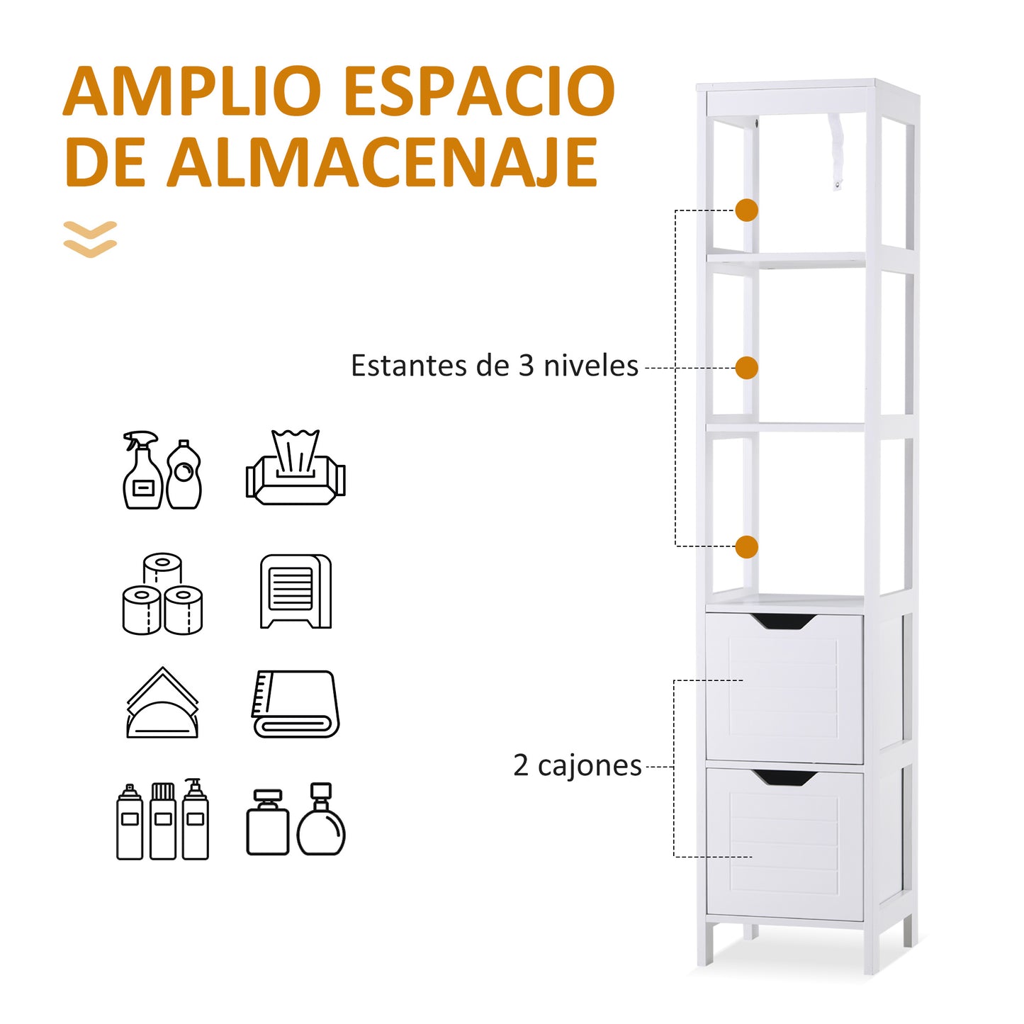 kleankin Armario Alto de Baño Multiusos Mueble Columna con 3 Estantes Abiertos y 2 Cajones de Almacenaje Diseño Antivuelco 30x30x144 cm Blanco