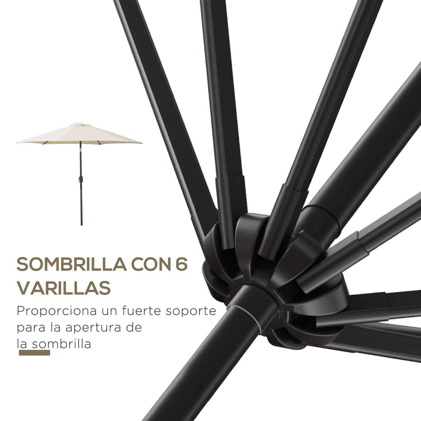 Outsunny Sombrilla para Jardín Ø260x235 cm Parasol de Aluminio con Reclinable con Manivela y 6 Varillas para Terraza Exterior Balcón Crema