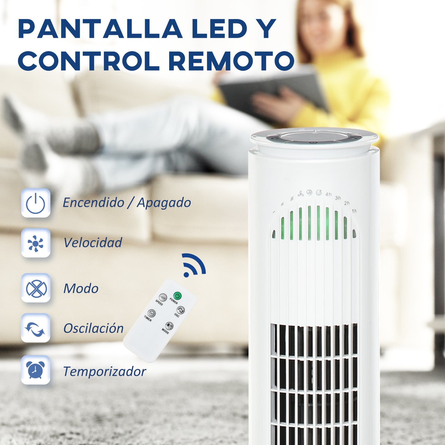 HOMCOM Ventilador de Torre Bajo Consumo con Mando a Distancia o Control Mecánico Temporizador de hasta 10h Oscilación de 70° 3 Velocidades y 3 Modos 45W Ø22x77 cm Blanco