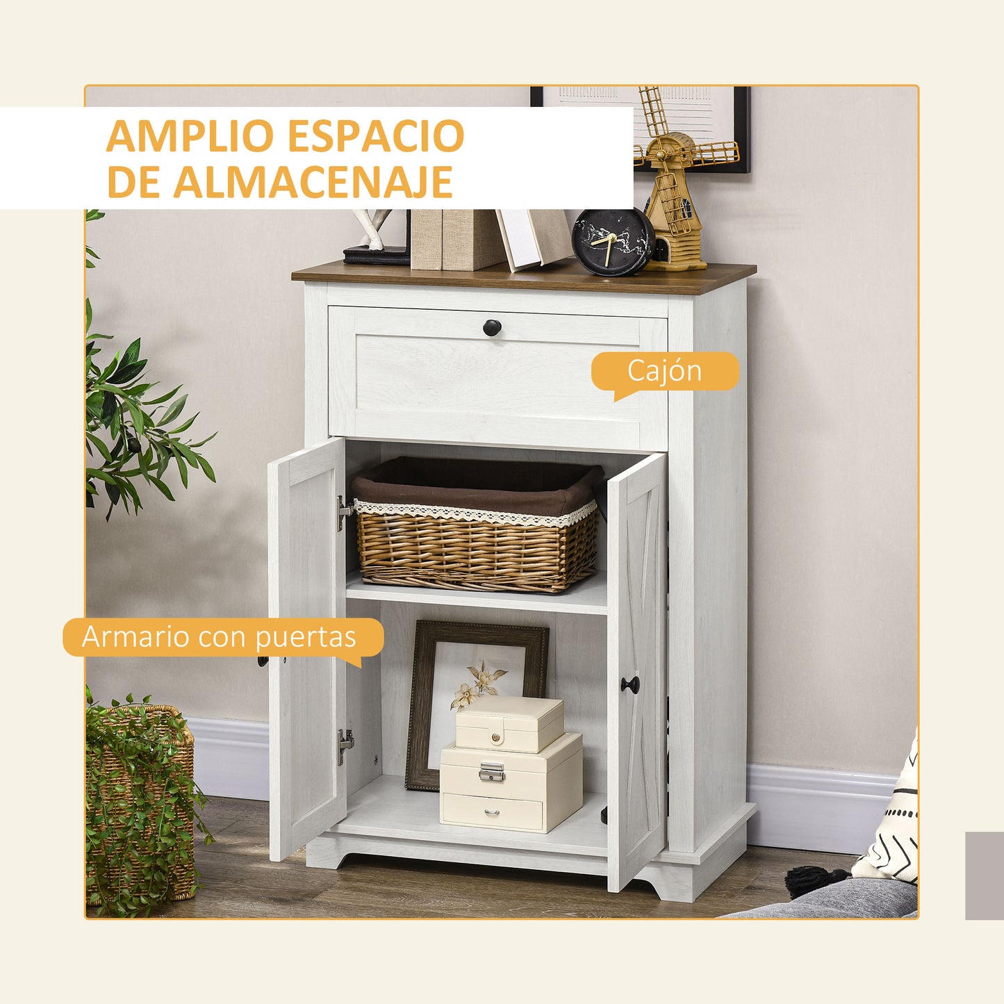 HOMCOM Aparador para Salón Armario de Almacenamiento con Puertas Dobles Cajón y Estante Ajustable para Cocina Dormitorio 60x30x87,4 cm Blanco