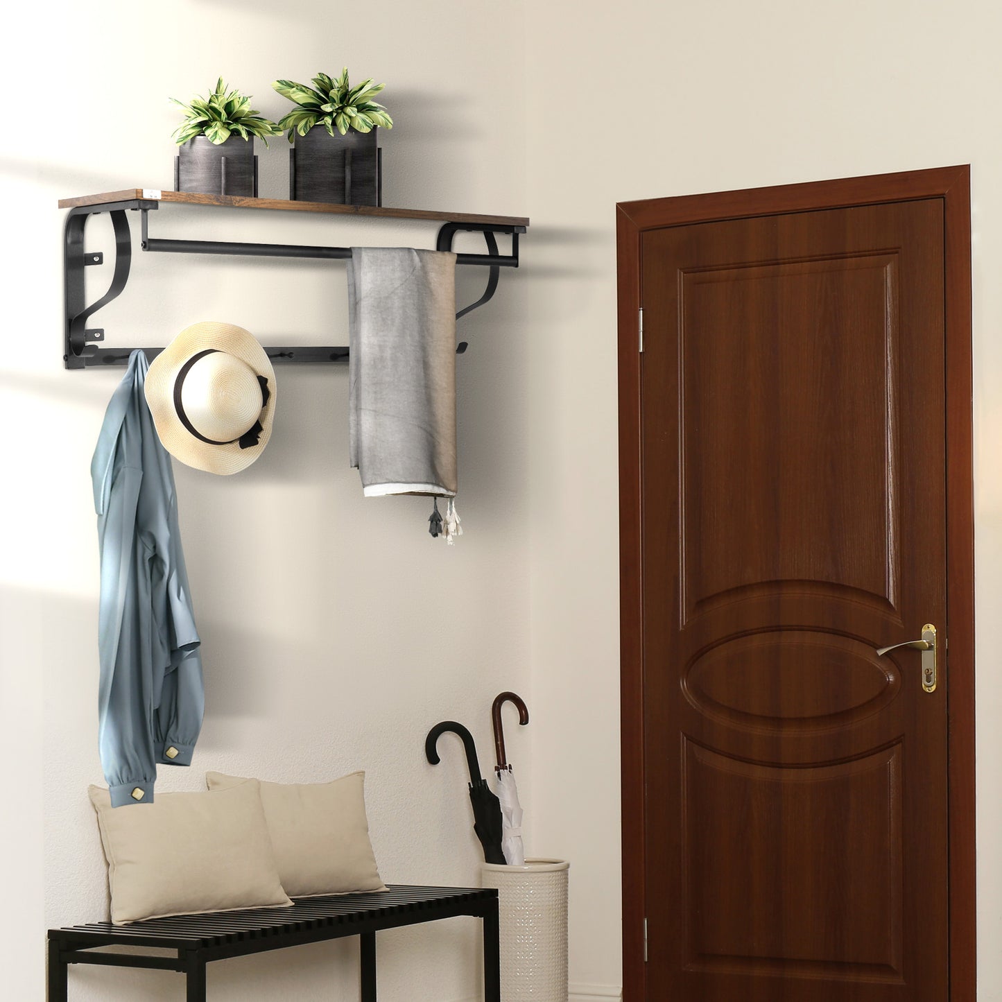 HOMCOM Estantería de Pared Balda Flotante con 5 Ganchos y 1 Barra de Acero para Colgar Ropa Llaves Libros Estilo Moderno 66x30x27 cm Natural y Negro