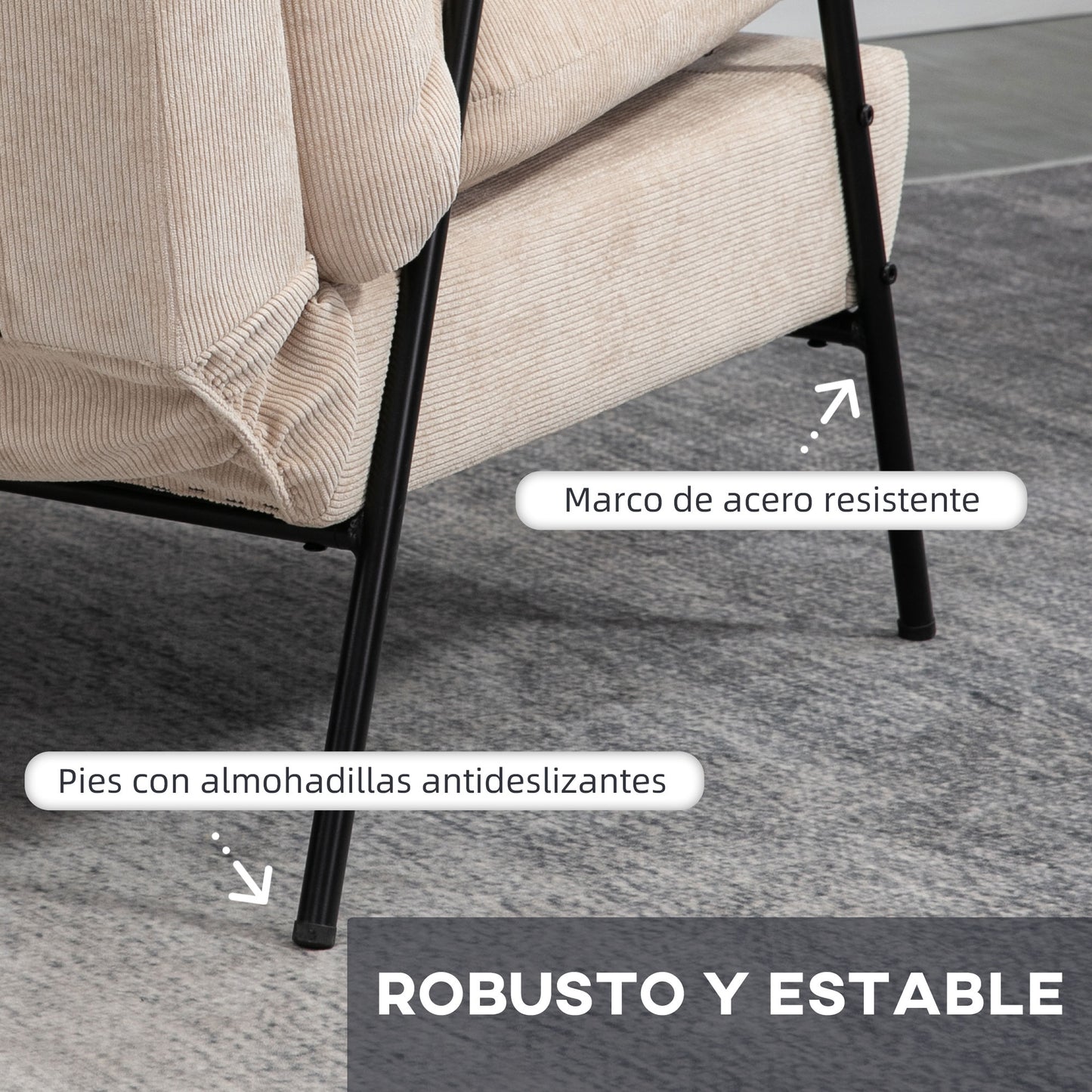 HOMCOM Sillón de Relax con Reposapiés Sillón Reclinable con Respaldo Ajustable Tapizado en Pana Marco de Acero y Cojines para Salón Dormitorio 68x91,5x88 cm Beige