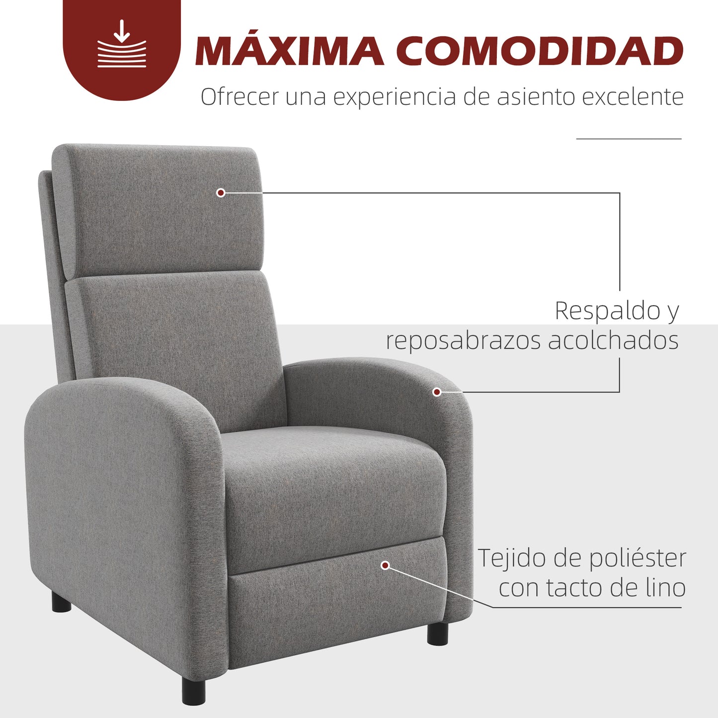 HOMCOM Sillón Relax Reclinable Manual Sillón Relax Tapizado en Lino Sintético con Reposapiés Carga 120 kg Sillón Reclinable para Dormitorio Oficina Gris