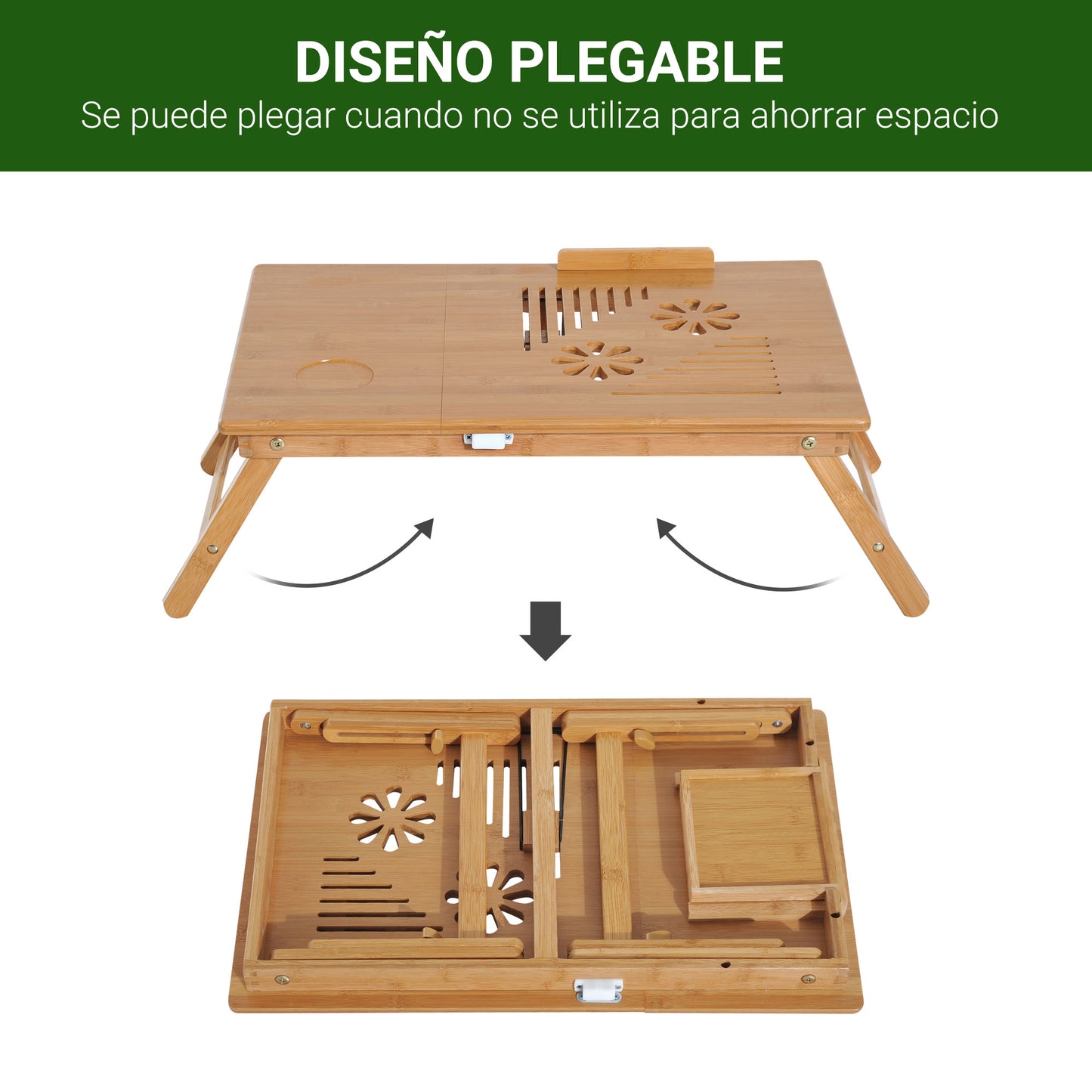 HOMCOM Mesa de Ordenador Portátil Bambú Bandeja de Cama Desayuno Plegable Reclinable Altura Ajustable Soporte Escritorio de regazo 1 Cajón 55x35x22-30cm