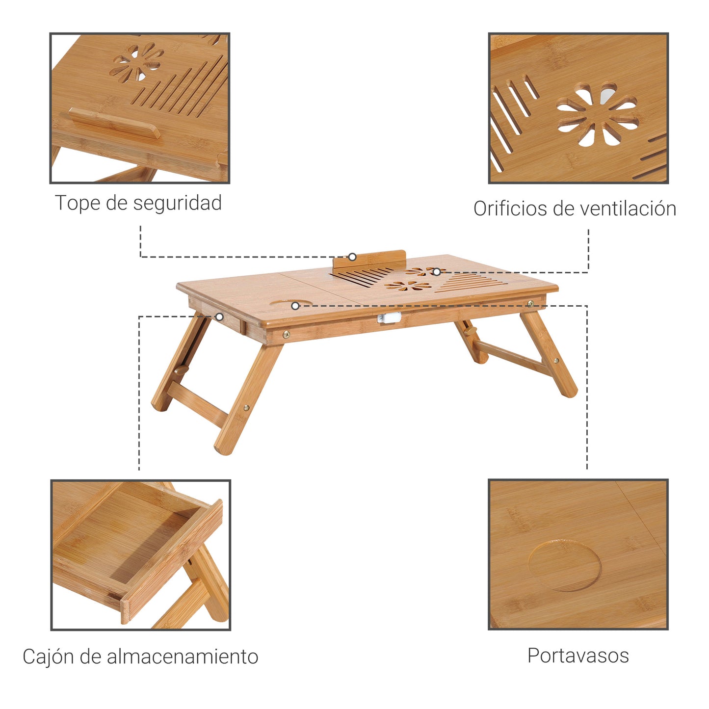 HOMCOM Mesa de Ordenador Portátil Bambú Bandeja de Cama Desayuno Plegable Reclinable Altura Ajustable Soporte Escritorio de regazo 1 Cajón 55x35x22-30cm