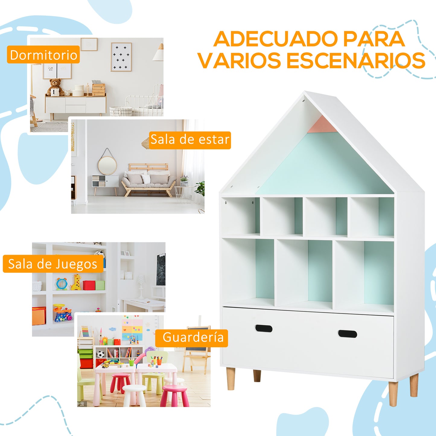 HOMCOM Estantería de Madera Infantil Forma de Casa Librería para Niños con 8 Compartimentos Abiertos y Cajón de 2 Colores 82x30x126 cm Blanco