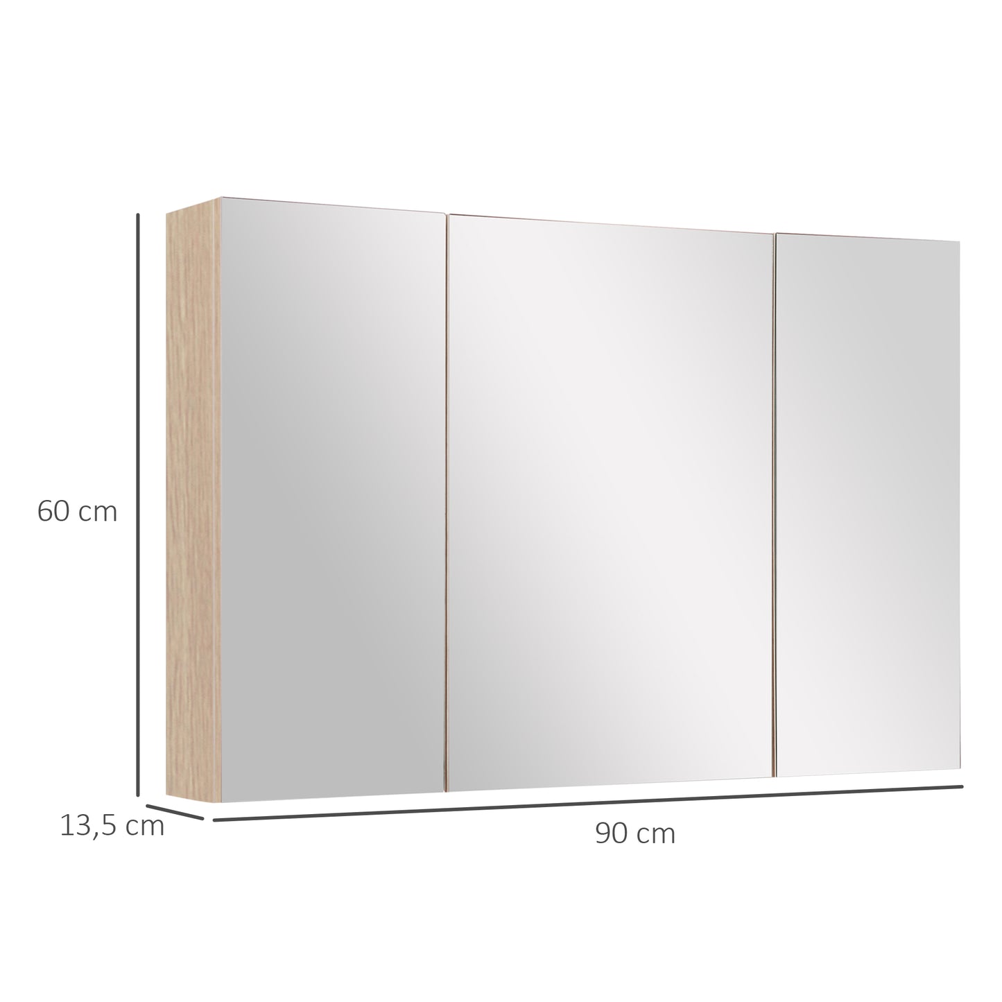 kleankin Armario de Baño con Espejo Mueble Espejo para Baño con 3 Puertas y Estantes Ajustables para Aseo Dormitorio Estilo Moderno 90x60x13,5 cm Roble