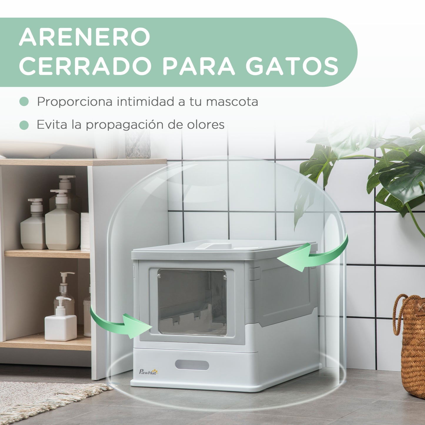 PawHut Caja de Arena Plegable para Gatos Arenero Cerrado para Gatos con Cubierta Desmontable Bandeja Extraíble Techo Abatible Puerta de Entrada y Pala 47,5x35,5x36,7 cm Gris