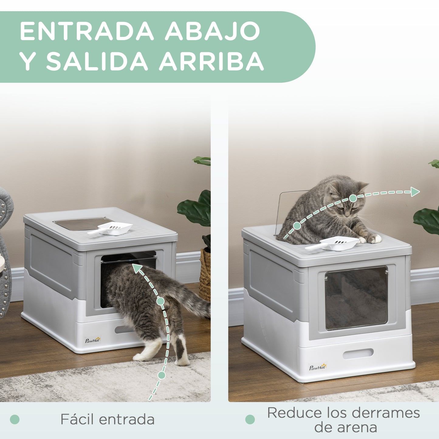 PawHut Caja de Arena Plegable para Gatos Arenero Cerrado para Gatos con Cubierta Desmontable Bandeja Extraíble Techo Abatible Puerta de Entrada y Pala 47,5x35,5x36,7 cm Gris