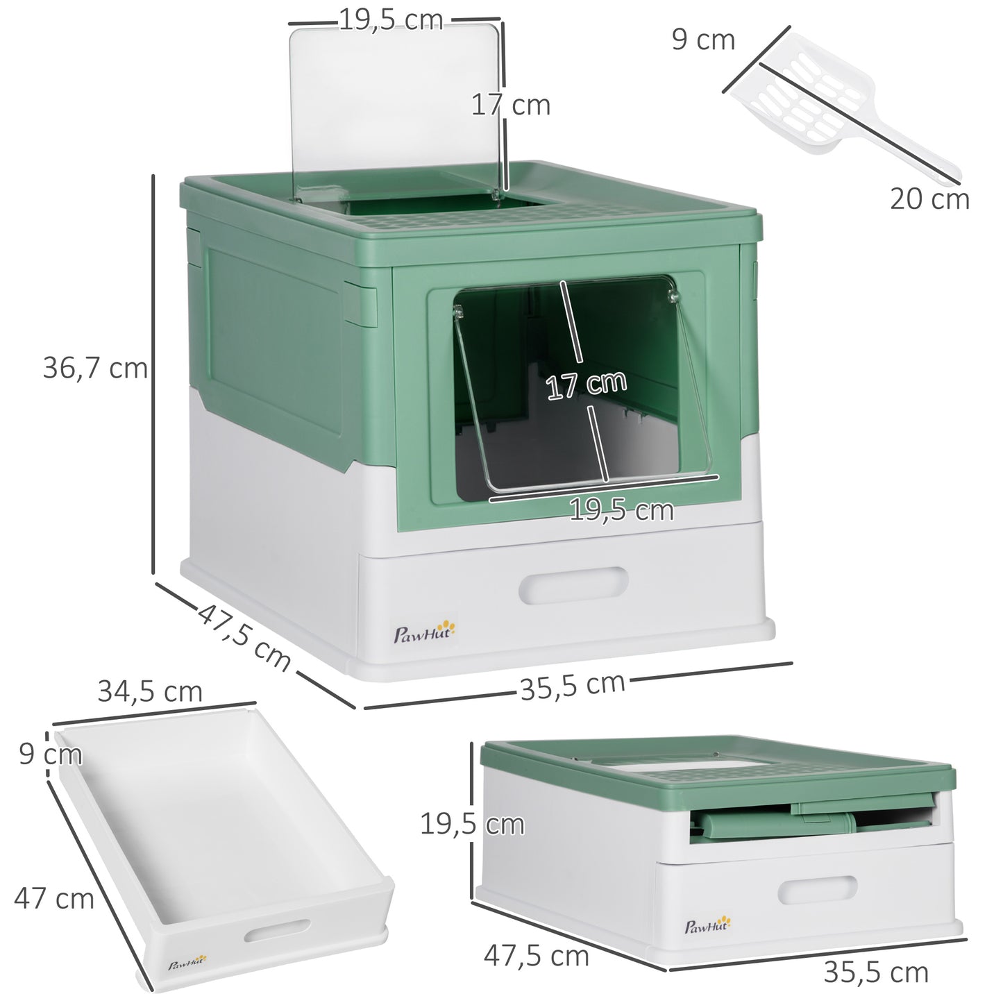 PawHut Caja de Arena Plegable para Gatos Arenero Cerrado para Gatos con Cubierta Desmontable Bandeja Extraíble Techo Abatible Puerta de Entrada y Pala 47,5x35,5x36,7 cm Verde