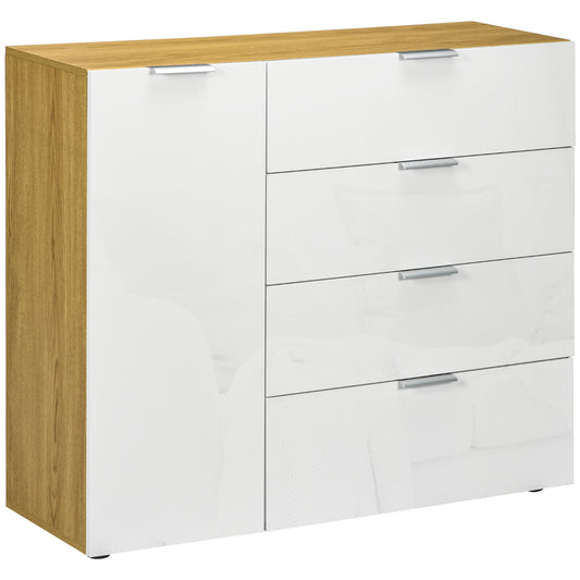 HOMCOM Aparador de Salón Cajonera y Cómoda con 4 Cajones de de Alto Brillo Puerta y Estantes Ajustables para Comedor Dormitorio 105x35x92 cm Blanco y Natural