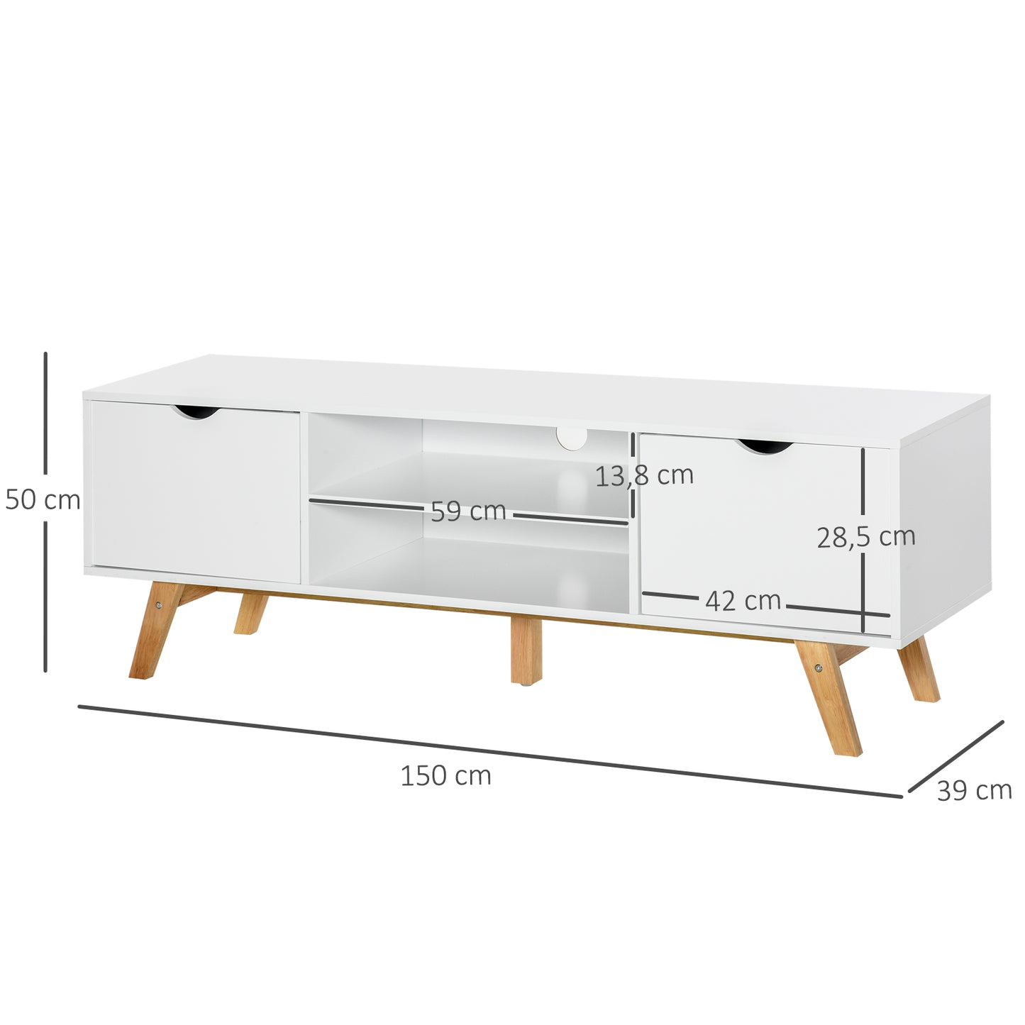 HOMCOM Mueble de TV Moderno Mueble para Televisores de 65 Pulgadas Mesa de TV para Salón con 2 Puertas 2 Estantes Abiertos y Patas de Madera 150x39x50 cm Blanco