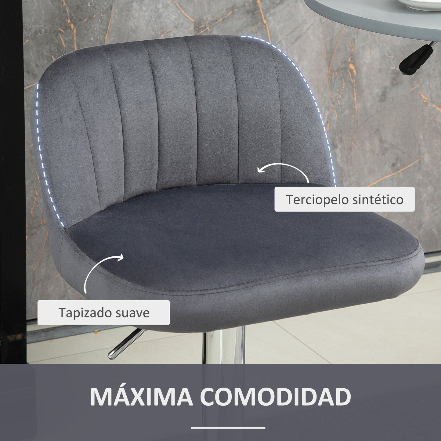 HOMCOM Juego de 2 Taburetes Altos de Cocina Tapizado en Teciopelo Taburetes de Bar con Altura Ajustable Asiento Giratorio y Reposapiés Carga 120 kg 43x45x81-101 cm Gris