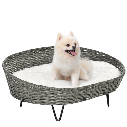 PawHut Cama para Perros Gatos de Mimbre Cesta Ratán para Mascotas Medianas Pequeñas con Cojín Lavable y Patas Elevadas de Acero 76x59x32 cm Gris y Blanco