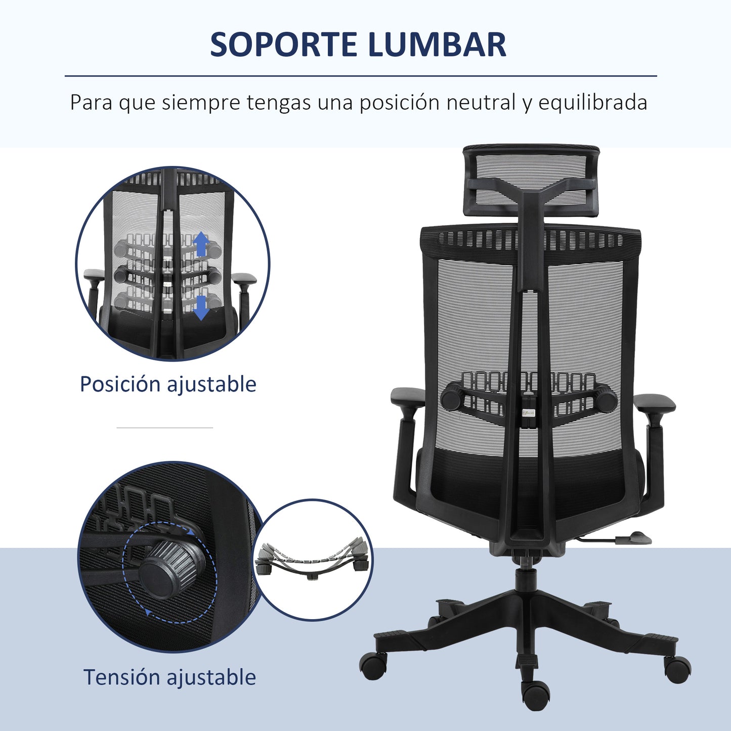 Vinsetto Silla de Malla Silla Escritorio Giratoria y Reclinable con Altura Ajustable Reposabrazos Reposacabezas y Soporte Lumbar Regulable 66,5x66x109-118 cm Negro