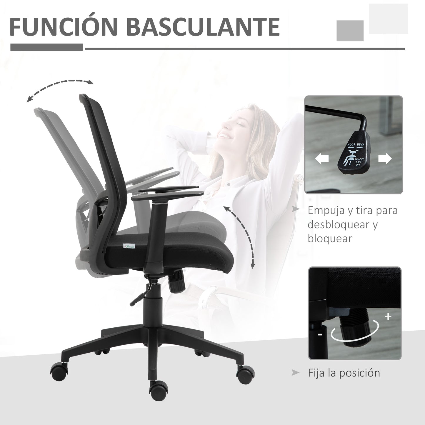 Vinsetto Silla de Oficina Giratoria Silla Escritorio con Altura Ajustable Reposabrazos Soporte Lumbar Respaldo Transpirable y Función Basculante para Adolescentes 62x56x95-103 cm Negro