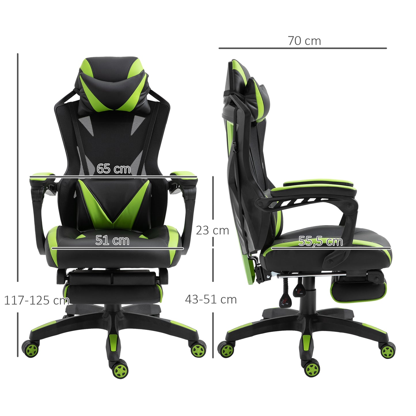 Vinsetto Silla Gaming Ergonómica Silla de Escritorio para Oficina con Altura Ajustable Respaldo Regulable de 170° Almohada Lumbar y Reposapiés Retráctil 65x70x117-125 cm Verde