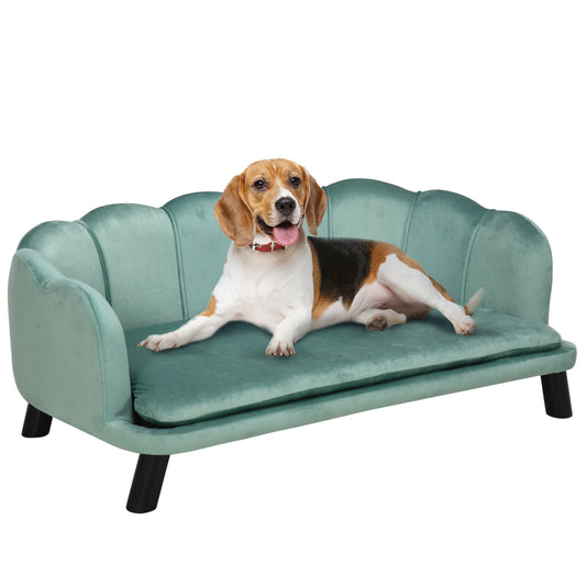 PawHut Sofá para Perros Medianos Sofá Cama para Mascotas Gatos Tapizado en Terciopelo con Patas de Madera Carga 25 kg 98,5x60,5x35,5 cm Verde