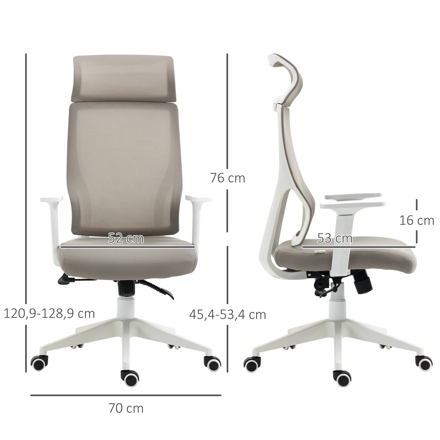 Vinsetto Silla de Oficina Silla de Escritorio Giratoria Ajustable en Altura y Reclinable hasta 120° Bloqueo de Posición 64x61x120,9-128,9 cm Gris