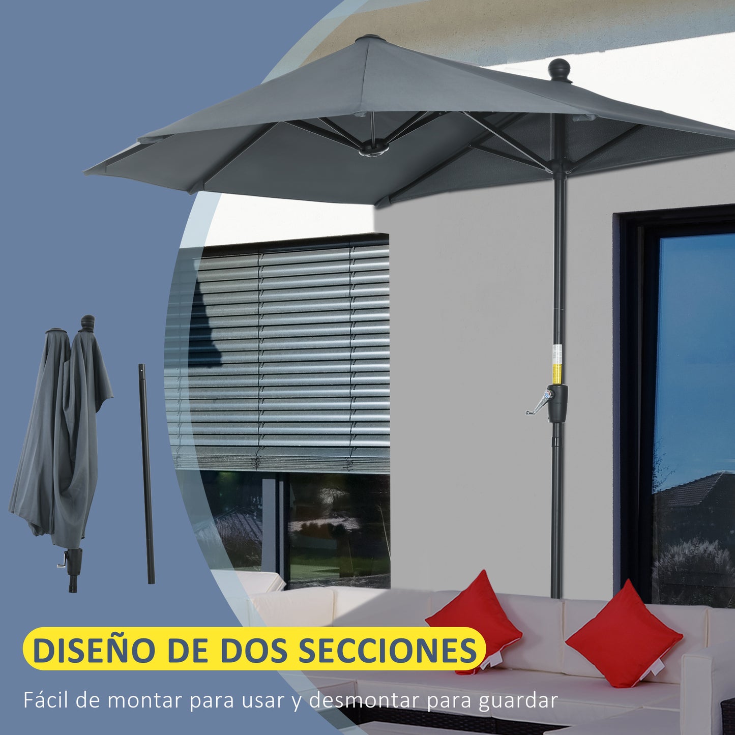 Outsunny Sombrilla de Pared de Jardín 200x190x240 cm Parasol de Terraza con Manivela Poste de Acero y Base Cruzada Anti-UV para Terraza Balcón Gris