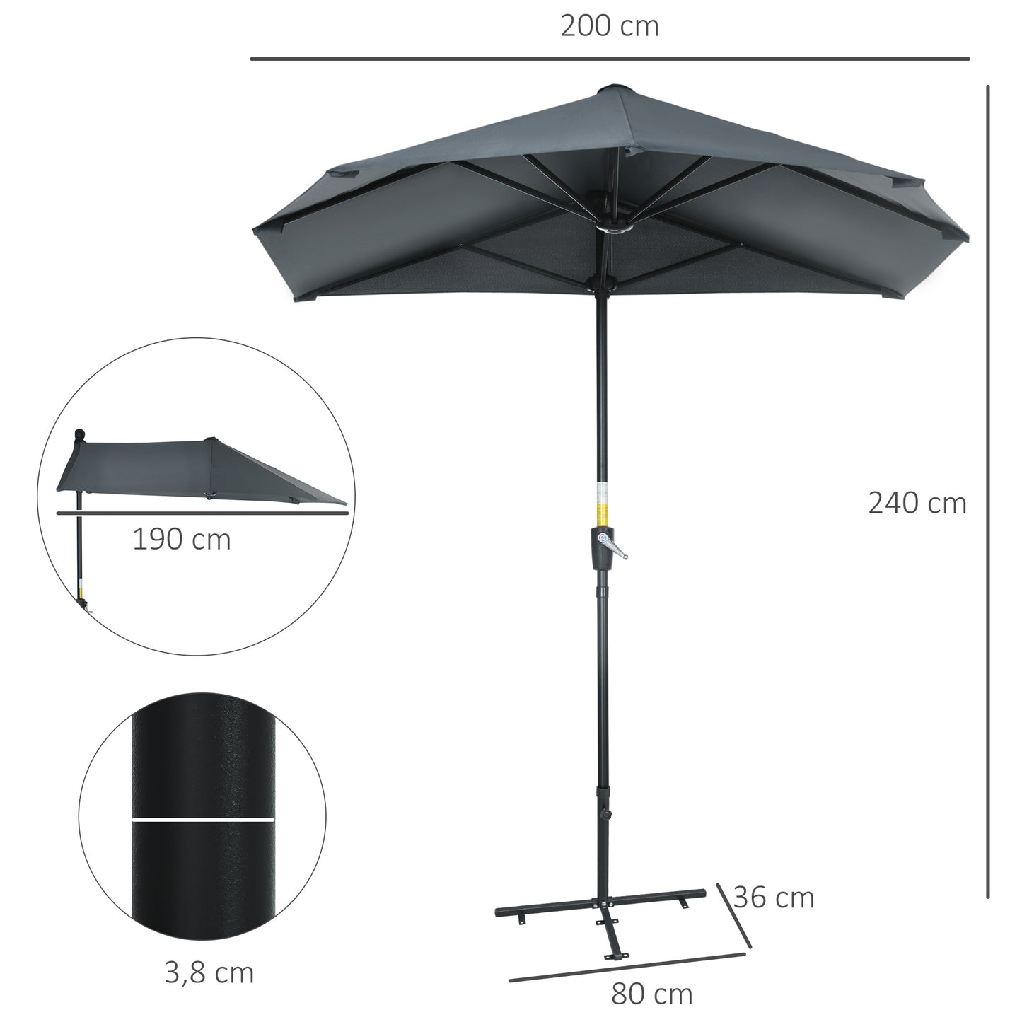 Outsunny Sombrilla de Pared de Jardín 200x190x240 cm Parasol de Terraza con Manivela Poste de Acero y Base Cruzada Anti-UV para Terraza Balcón Gris