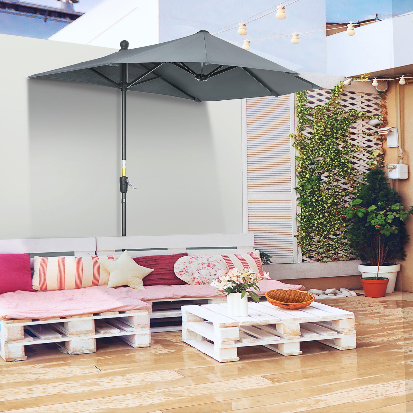 Outsunny Sombrilla de Pared de Jardín 200x190x240 cm Parasol de Terraza con Manivela Poste de Acero y Base Cruzada Anti-UV para Terraza Balcón Gris