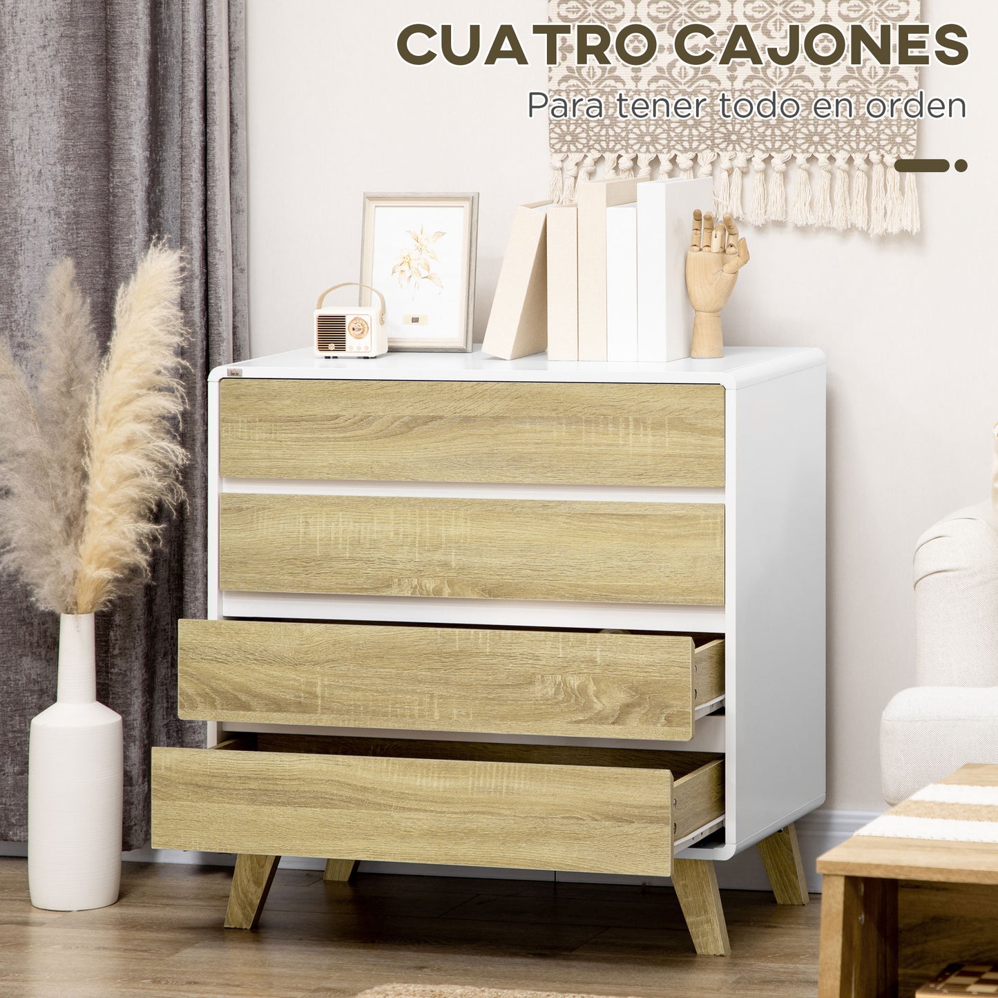 HOMCOM Cómoda con 4 Cajones Cajonera de Madera Cajonera para Armario con Patas Elevadas para Salón Dormitorio Oficina 80x40x79,5 cm Blanco y Roble