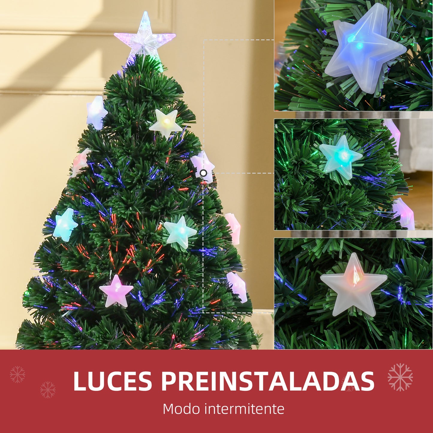 HOMCOM Árbol de Navidad 90cm Artificial Árbol de Pino Decoración Navideña con 12 LED de 3 Colores 90 Ramas Verde PVC