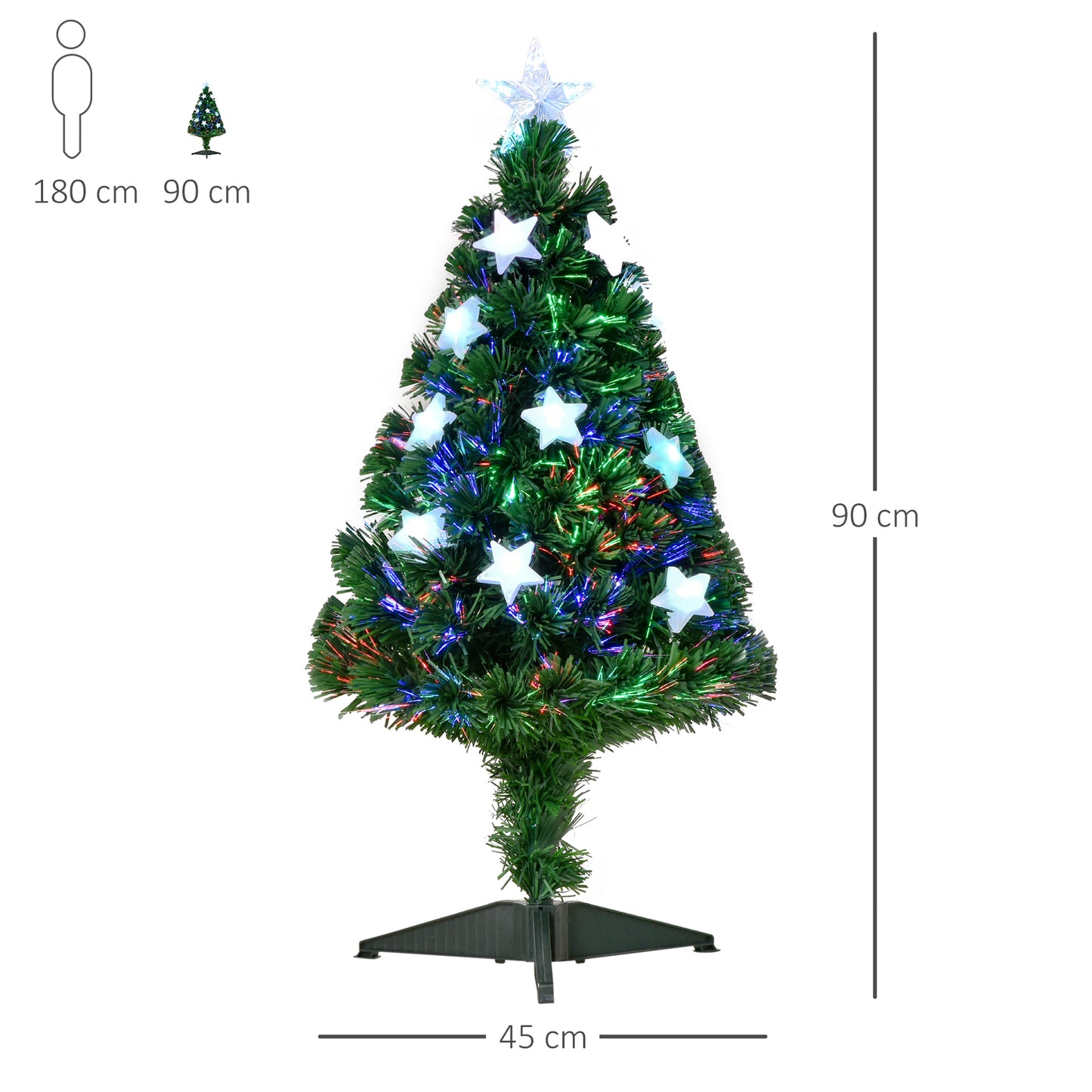 HOMCOM Árbol de Navidad 90cm Artificial Árbol de Pino Decoración Navideña con 12 LED de 3 Colores 90 Ramas Verde PVC