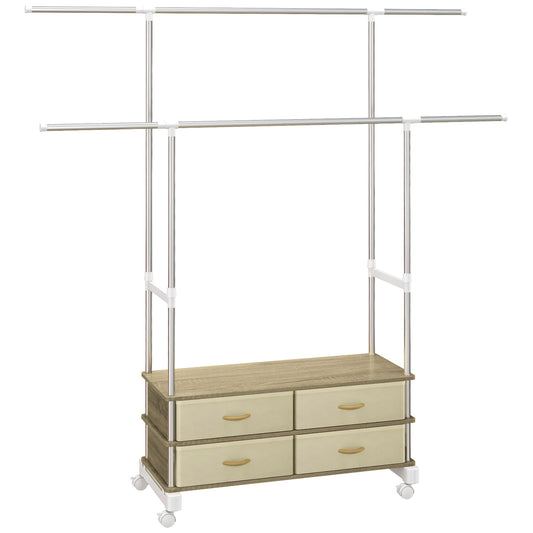 HOMCOM Burro Ropa con Ruedas Perchero de Ropa Altura Regulable con 4 Cajones de Tela y Barras Extensible para Sala Dormitorio Pasillo 88-148x42x93-160 cm Beige