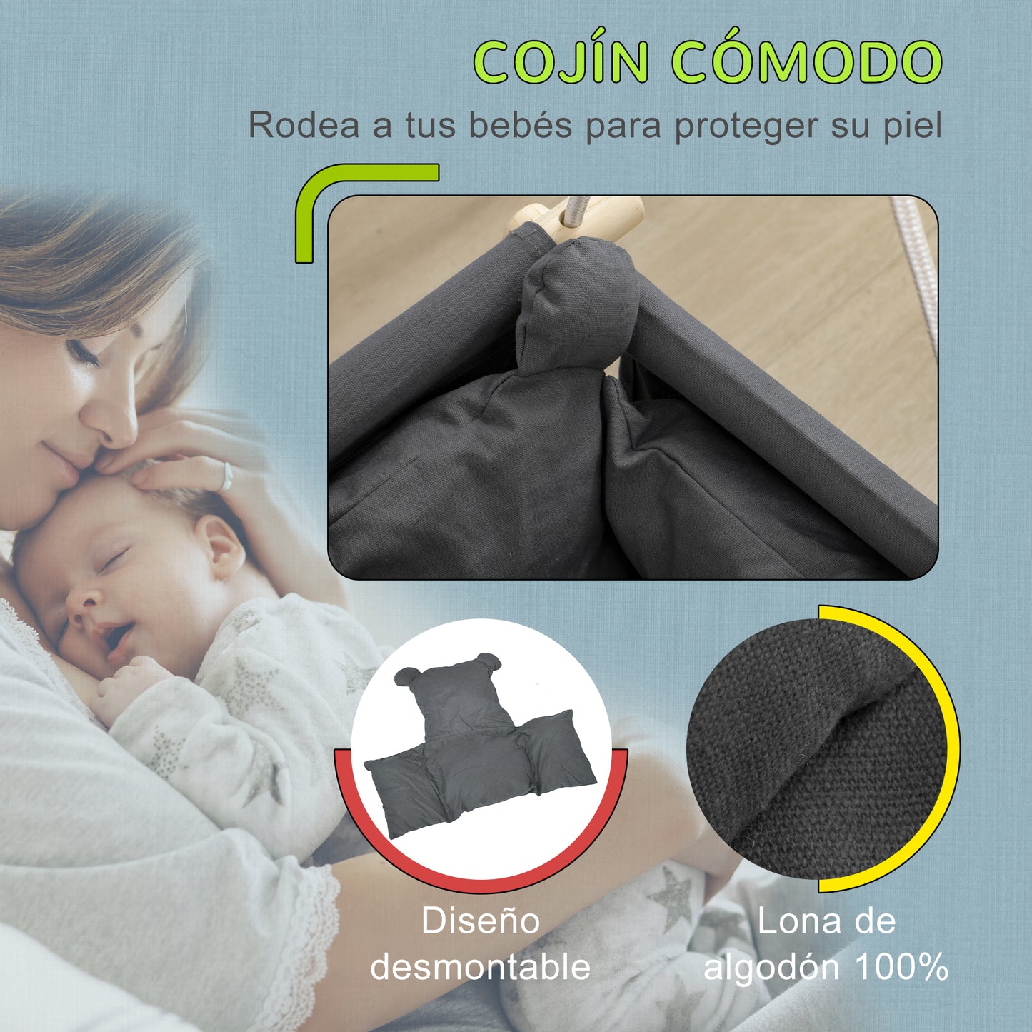 AIYAPLAY Columpio para Bebés de 9-36 Meses con Cuerdas Ajustables Columpio Infantil con Asiento Acolchado Carga 70 kg para Interiores y Exteriores 40x40x110-180 cm Gris Oscuro