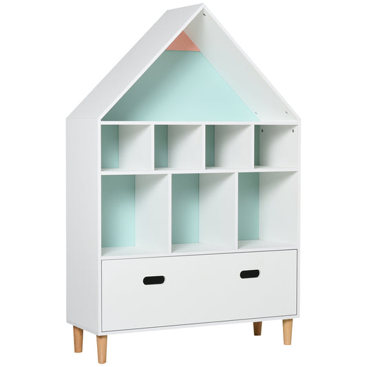 HOMCOM Estantería de Madera Infantil Forma de Casa Librería para Niños con 8 Compartimentos Abiertos y Cajón de 2 Colores 82x30x126 cm Blanco