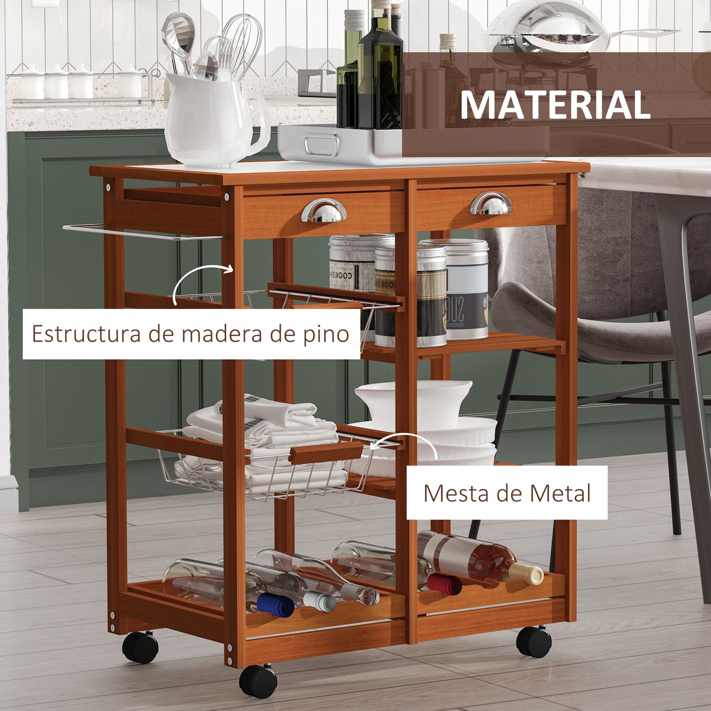 HOMCOM Carrito para Cocina Multifuncional Carrito Auxiliar de Madera con Gran Espacio de Almacenaje Cajones Cestas Estantes 4 Ruedas Freno