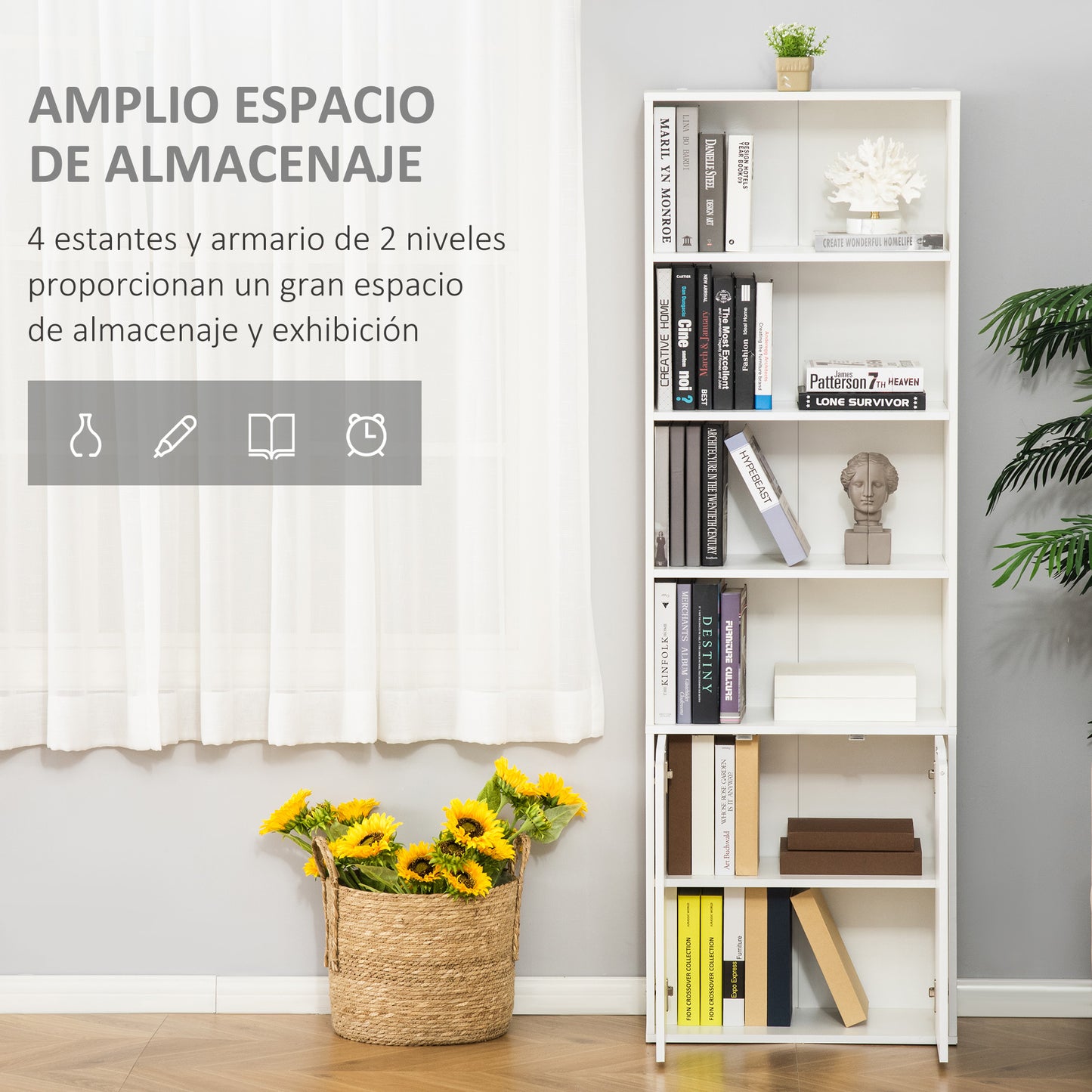 HOMCOM Estantería Librería Armario de Libros con 4 Compartimentos Abiertos y 2 Puertas para Salón Estudio Oficina Carga 80 kg 59x29x180 cm Blanco