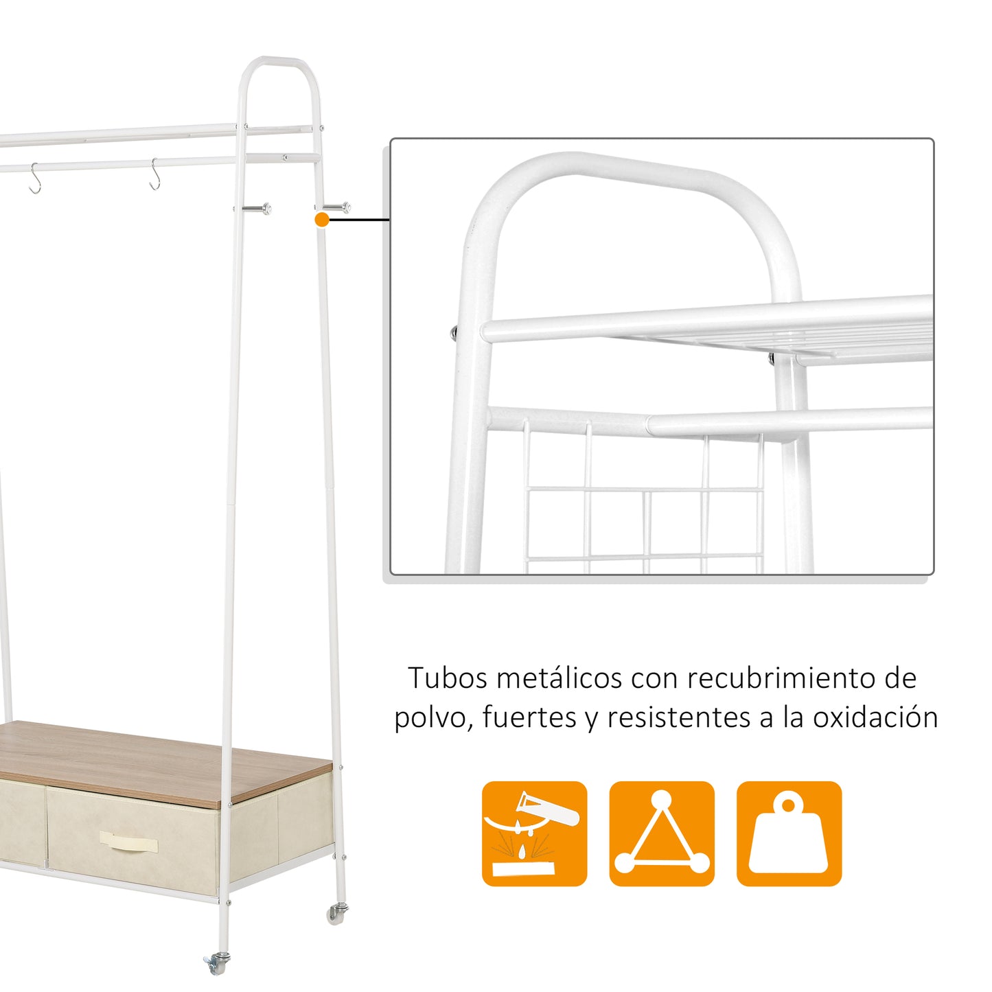 HOMCOM Perchero Metálico con Ruedas Colgador para Ropa con Riel Estantes Cajones para Organizar Ropa Bolsos Zapatos para Hogar Vestidor Pasillo 99x47x185cm