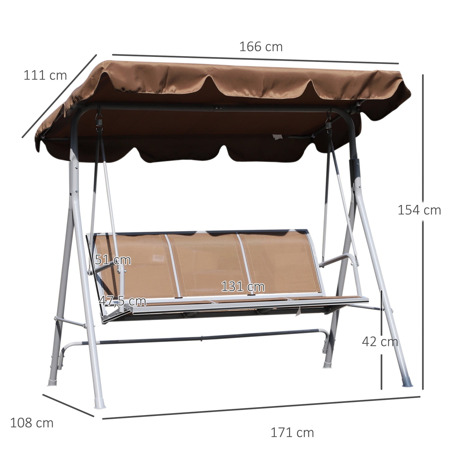 Outsunny Balancín Jardín Exterior Columpio Exterior de 3 Plazas con Toldo Ajustable Respaldo Transpirable y Marco de Metal para Terraza Balcón Carga 240 kg 171x108x154 cm Marrón