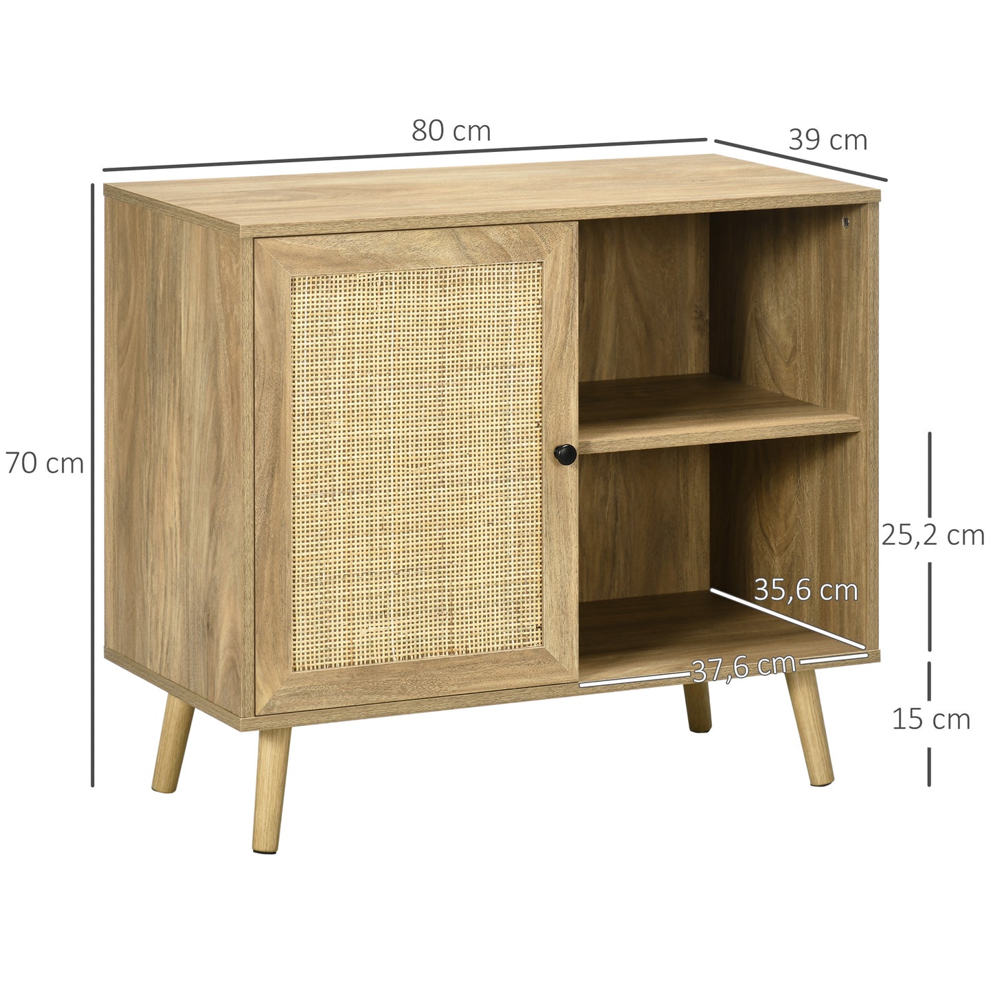 HOMCOM Aparador de Cocina Buffet de Salón Mueble Auxiliar de Cocina con Puerta de Ratán y 2 Estantes de Almacenaje para Comedor 80x39x70 cm Natural