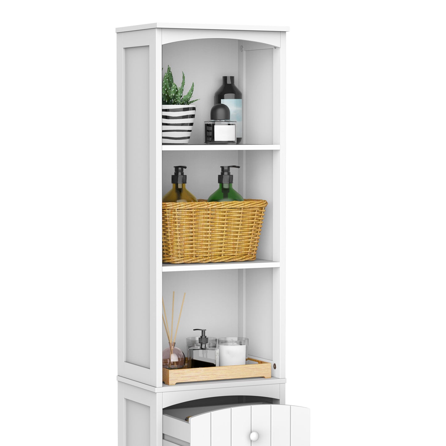 HOMCOM Mueble Armario Columna Multiusos Blanco para Cuarto de Baño con Estanterías 34x24x170cm 3 Estantes 1 Puerta y 1 Cajón