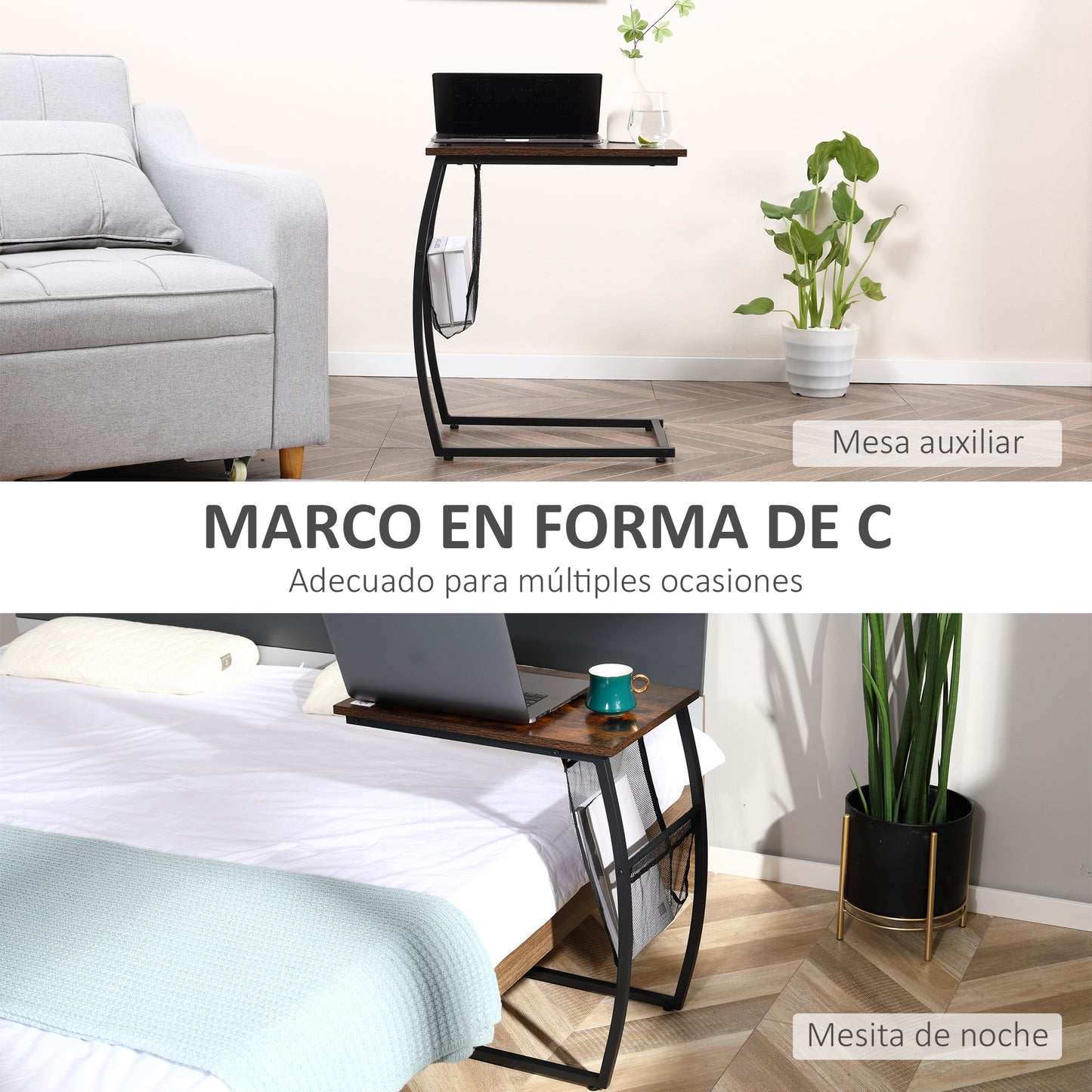 HOMCOM Mesa Auxiliar para Sofá y Cama Mesita Auxiliar Pequeña en Forma de C con Bolsillo de Almacenaje Estilo Industrial para Salón 53x35x64,5 cm Marrón Rústico