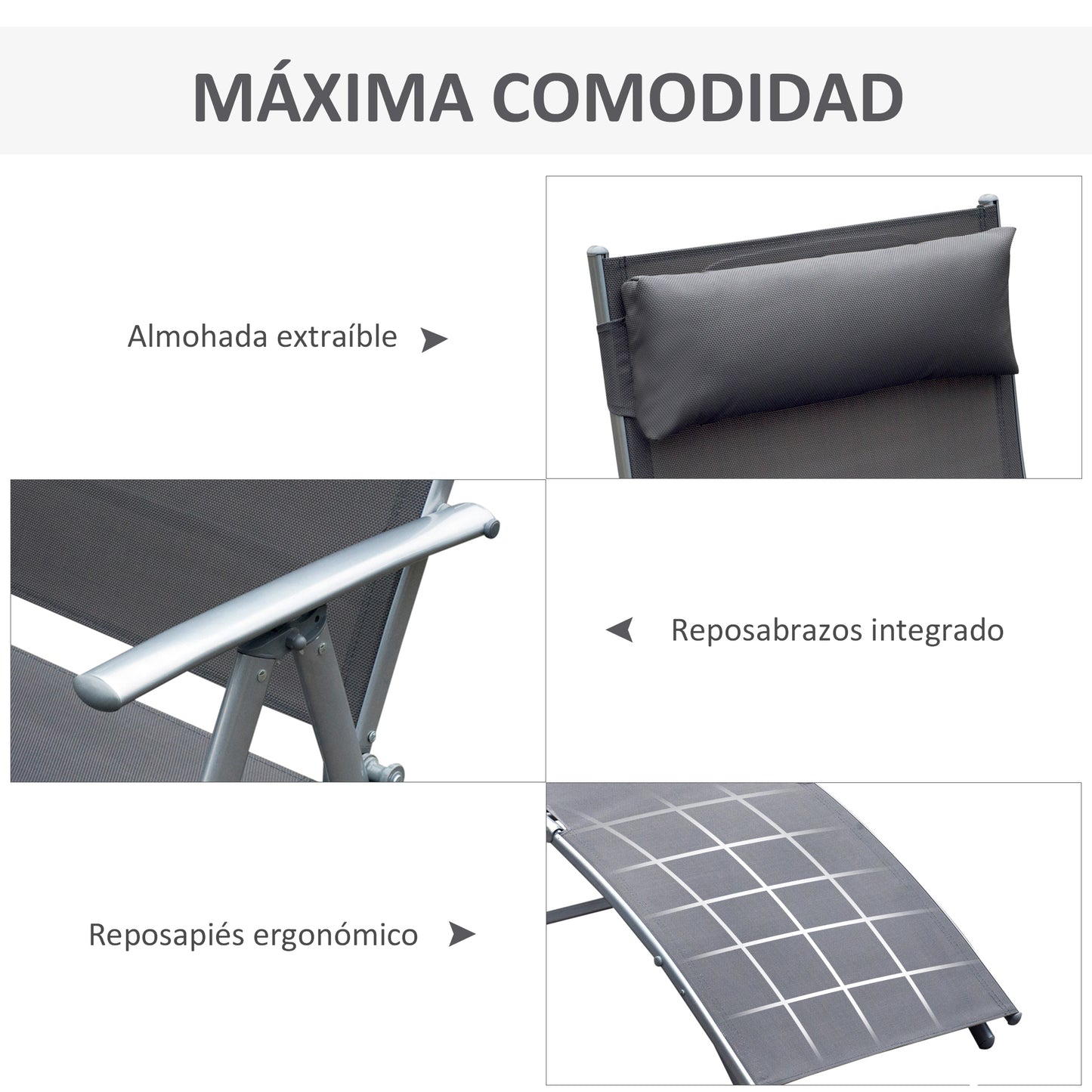 Outsunny Tumbona Plegable Tumbona de Jardín con Respaldo Ajustable en 7 Niveles Almohada y Reposabrazos Carga 165 kg para Piscina Terraza Camping 137x63,5x100,5 cm Gris