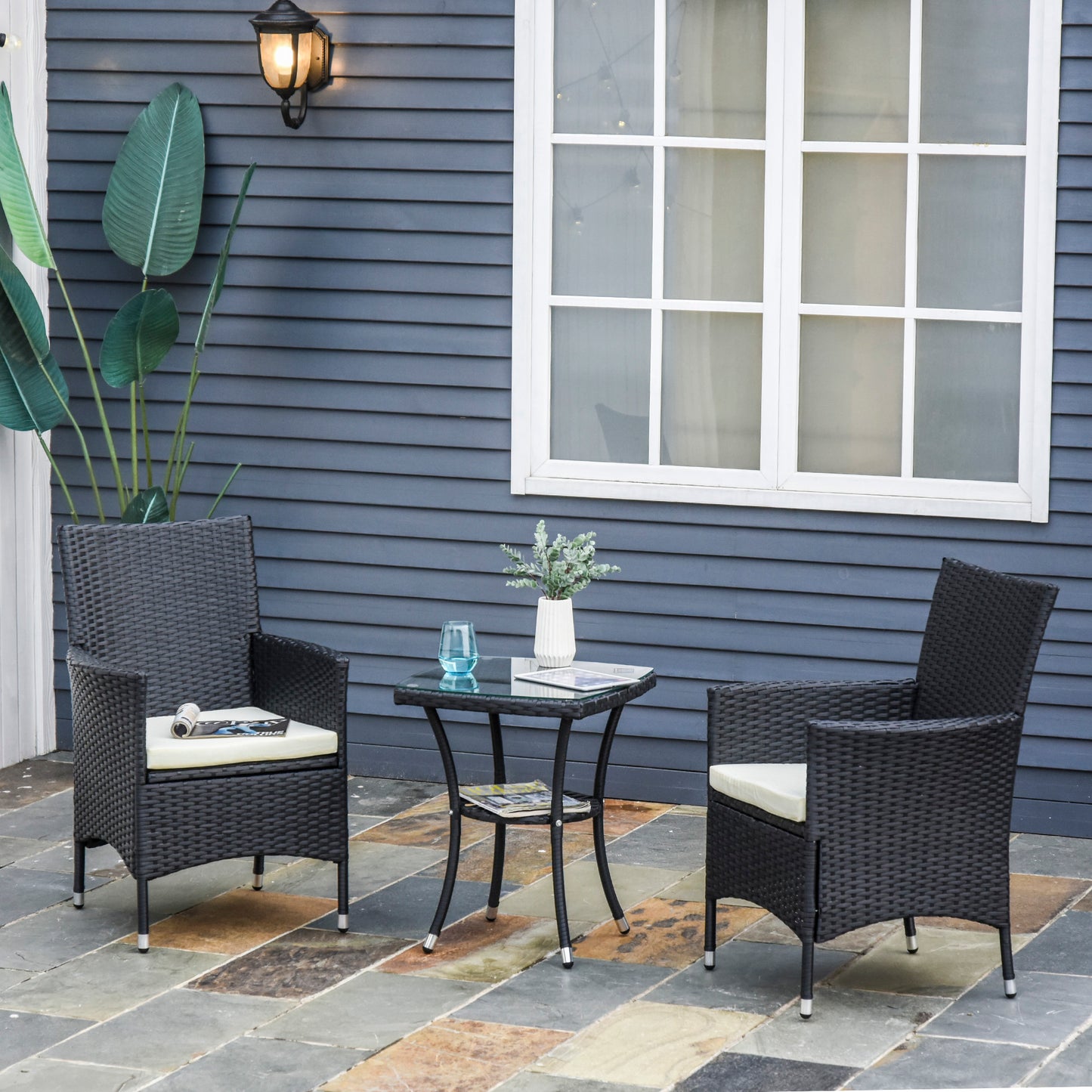 Outsunny Conjunto de Muebles para Jardín Juegos de Muebles de Ratán Incluye 1 Mesa y 2 Sillones con Cojines Estructura de Metal para Terraza Patio Negro