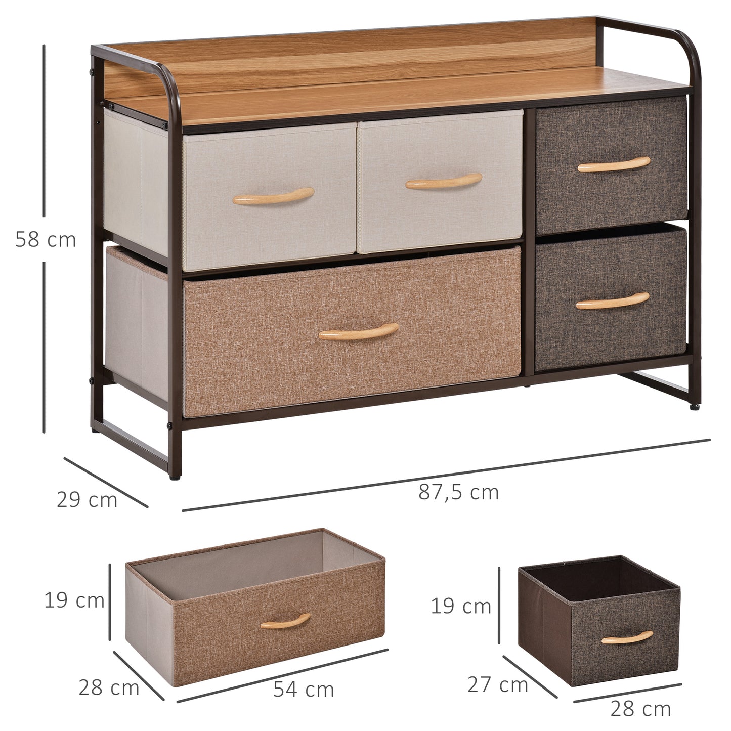 HOMCOM Mueble Organizador Cajonera de Tela con Cajones Plegable y Marco Metálico Antivuelco para Salón Recibidor Dormitorio 87,5x29x58 cm Multicolor