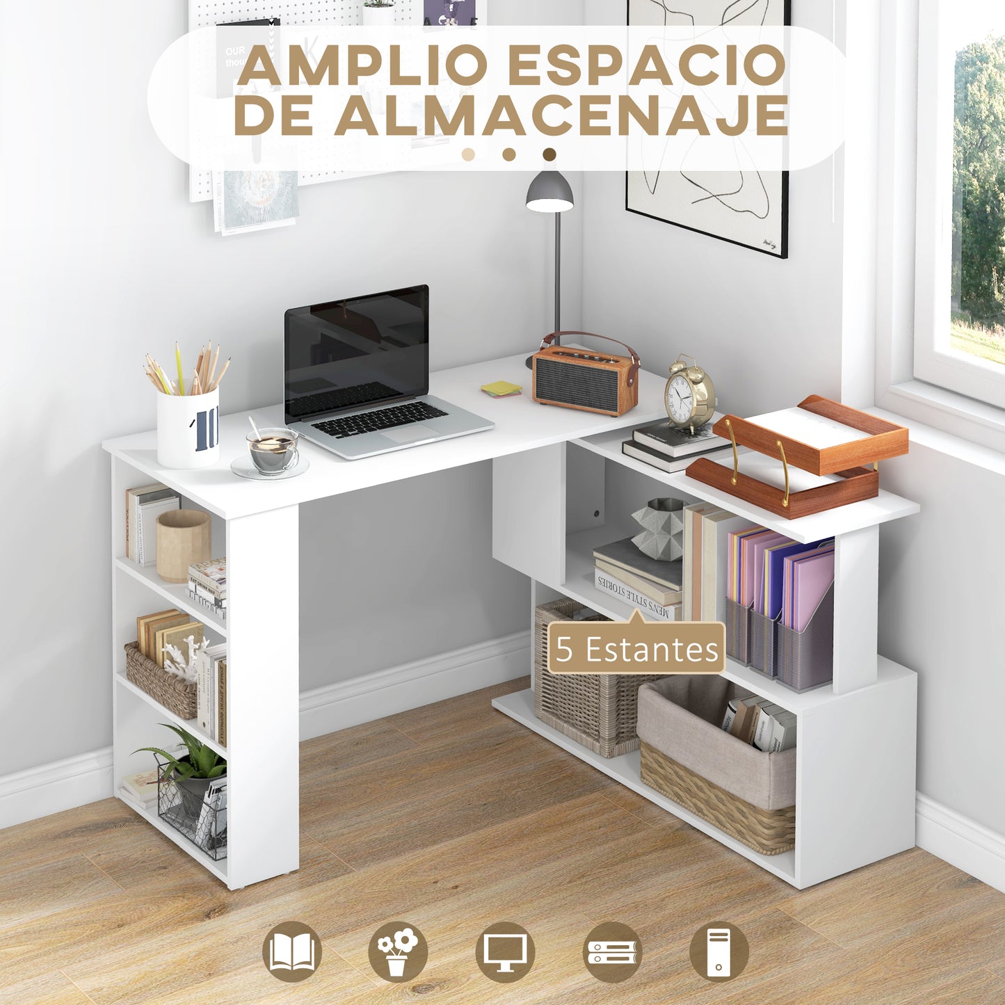 HOMCOM Escritorio Esquinero Giratorio Escritorio en L con Estantería Mesa de Escritorio con Estantes para Oficina Estudio 120x110x74,5 cm Blanco