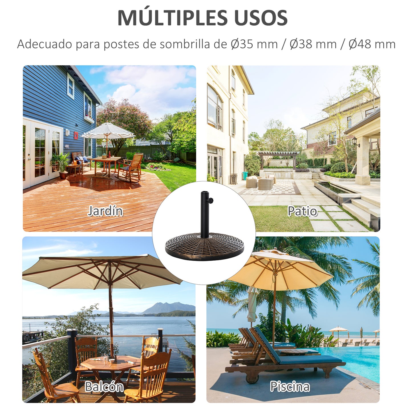 Outsunny Base de Sombrilla Ajustable Φ53x40 cm Universal Pie de Parasol de Cemento Soporte de Sombrilla Redondo Estilo Retro HDPE Patio Jardín Playa