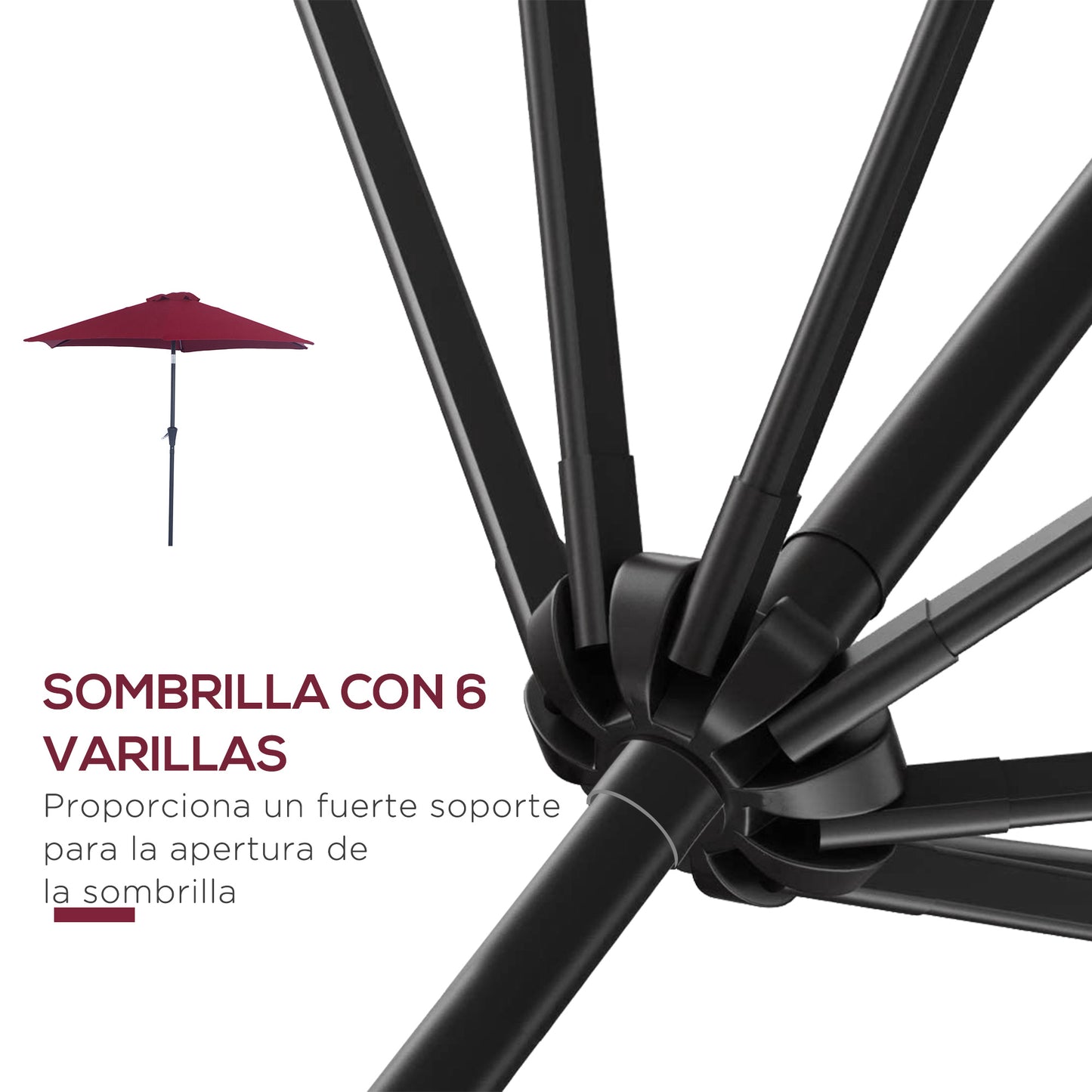 Outsunny Sombrilla para Jardín Ø260x235 cm Parasol de Aluminio con Reclinable con Manivela y 6 Varillas para Terraza Exterior Balcón Rojo