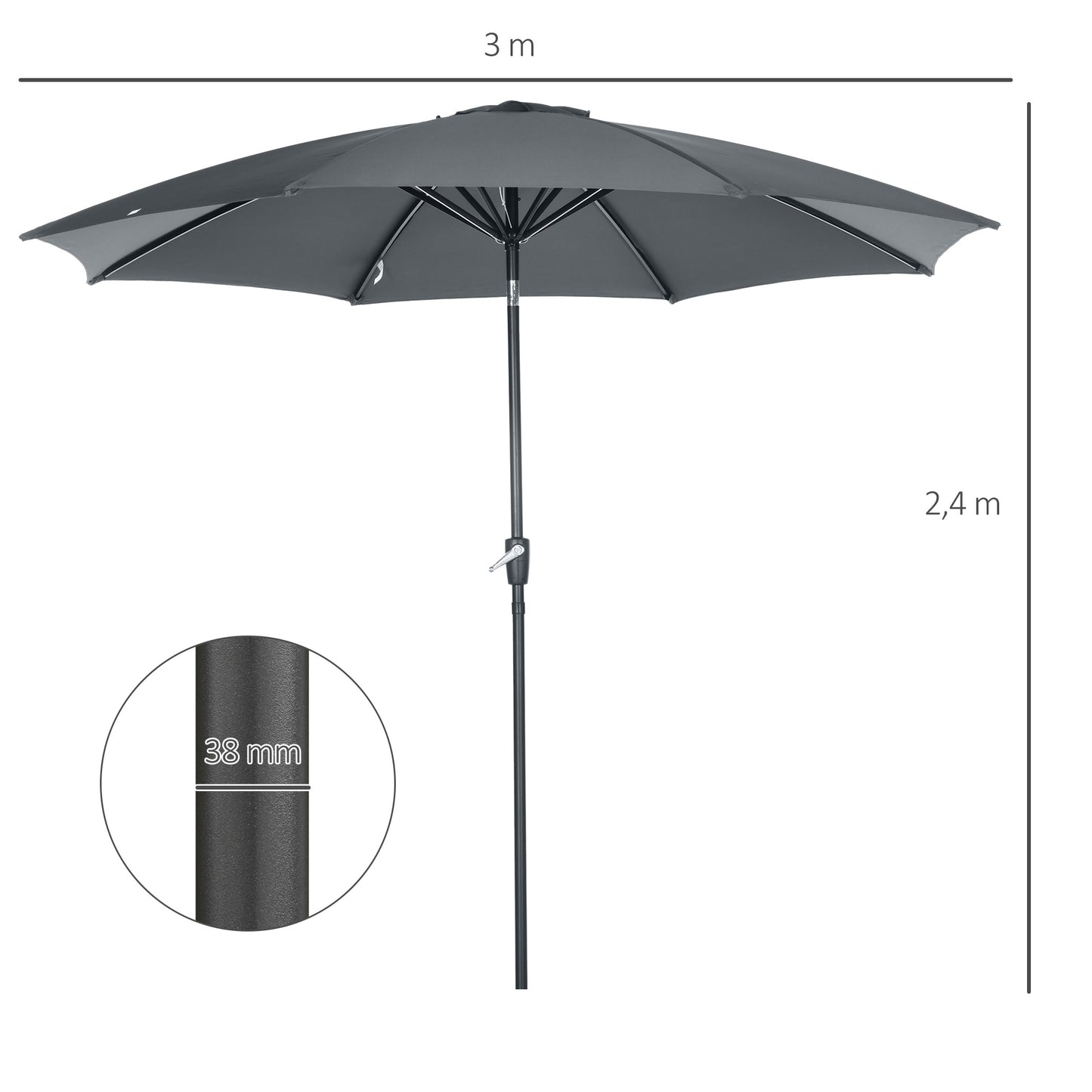 Outsunny Sombrilla de Jardín Ø300x252 cm Parasol de Terraza con Manivela Techo Inclinable y 8 Varillas de Metal para Patio Balcón Exterior Gris