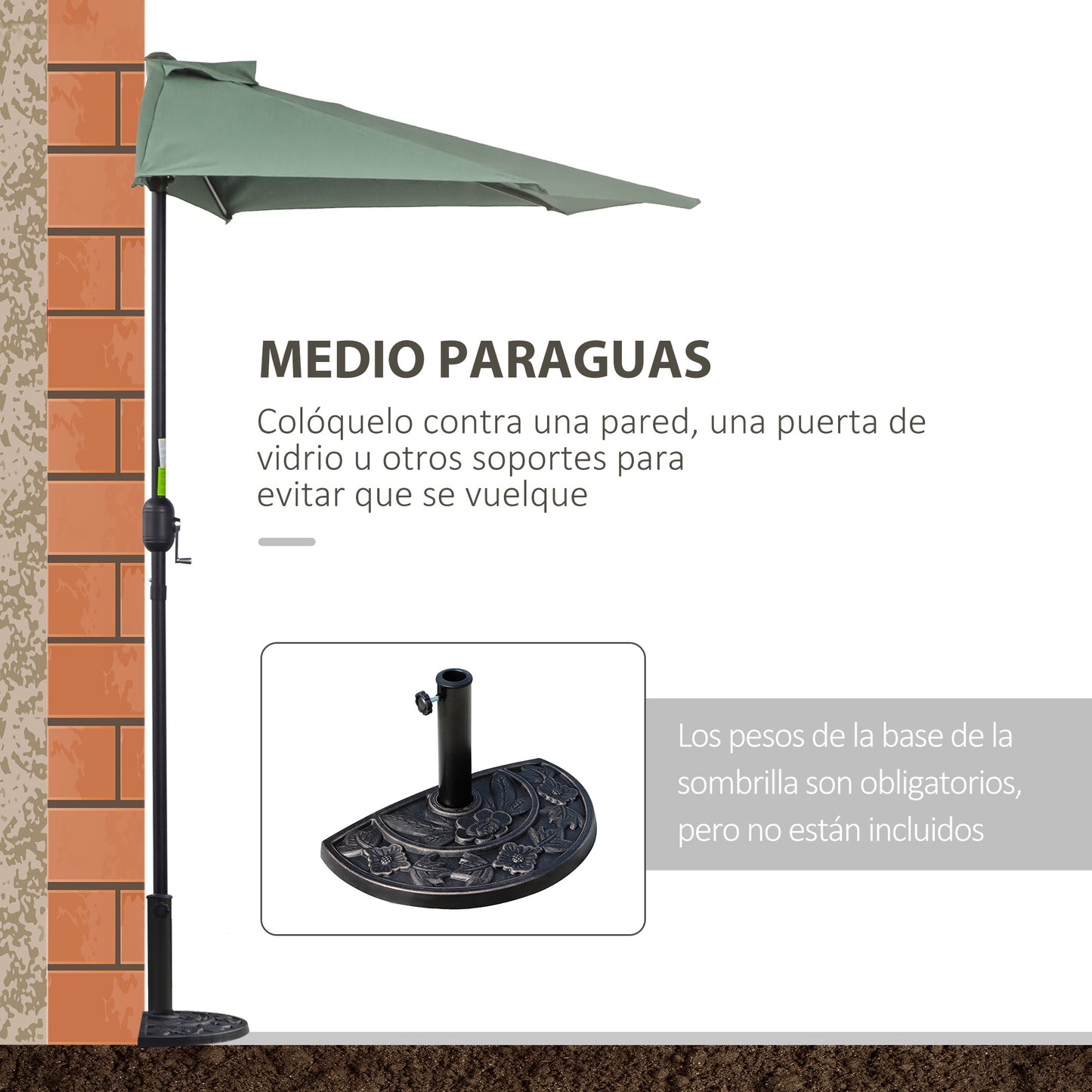 Outsunny Sombrilla 269x138x236 cm Parasol de Jardín con Manivela y Forma Semicircular para Exterior Terraza Patio Piscina Verde